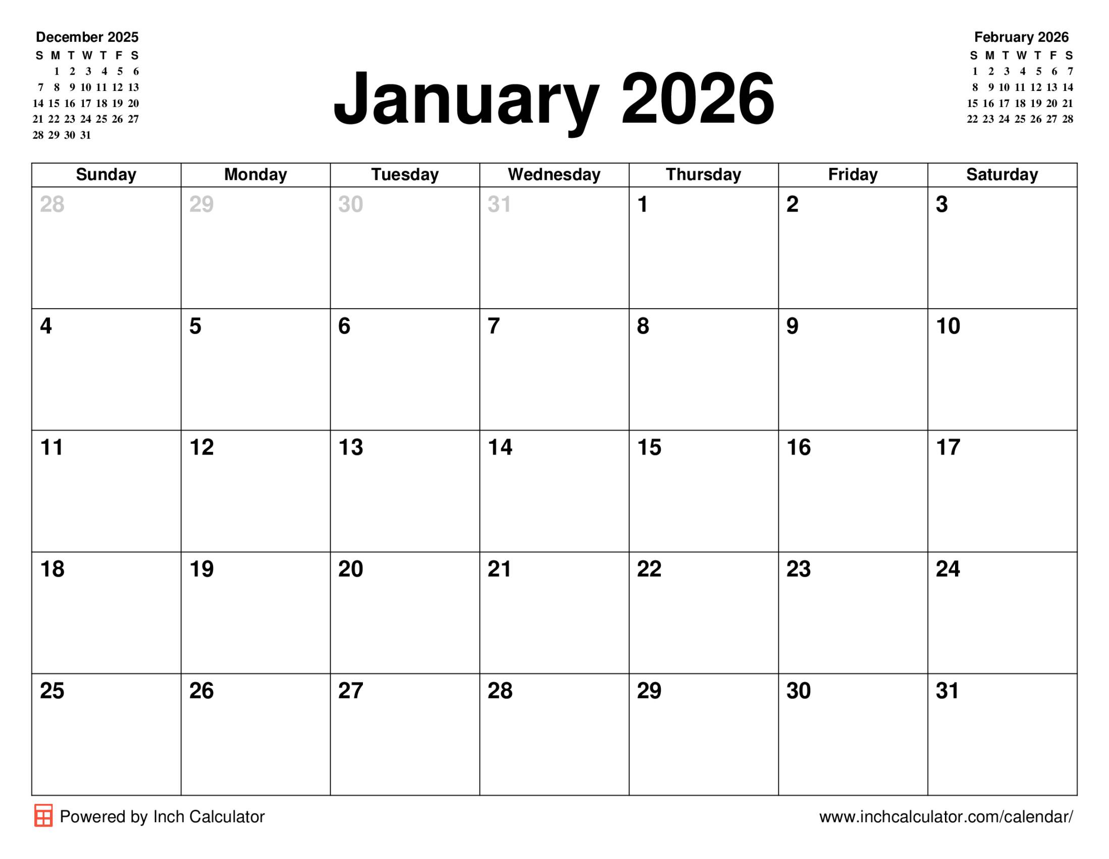 January 2026 calendar without holidays