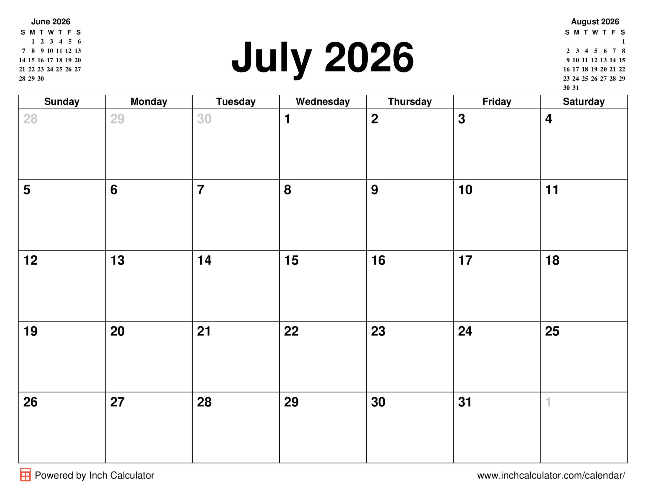July 2026 calendar without holidays