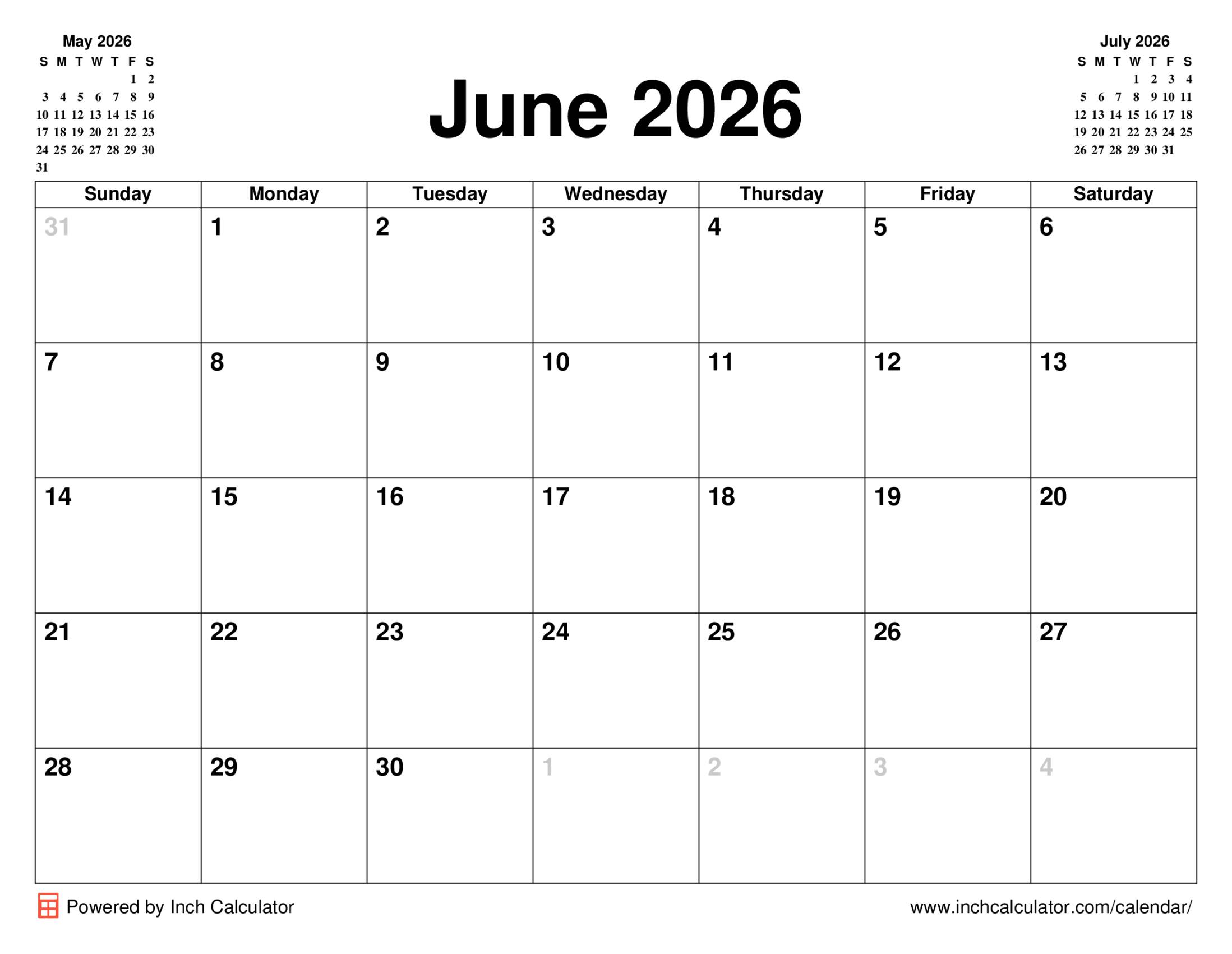 June 2026 calendar without holidays
