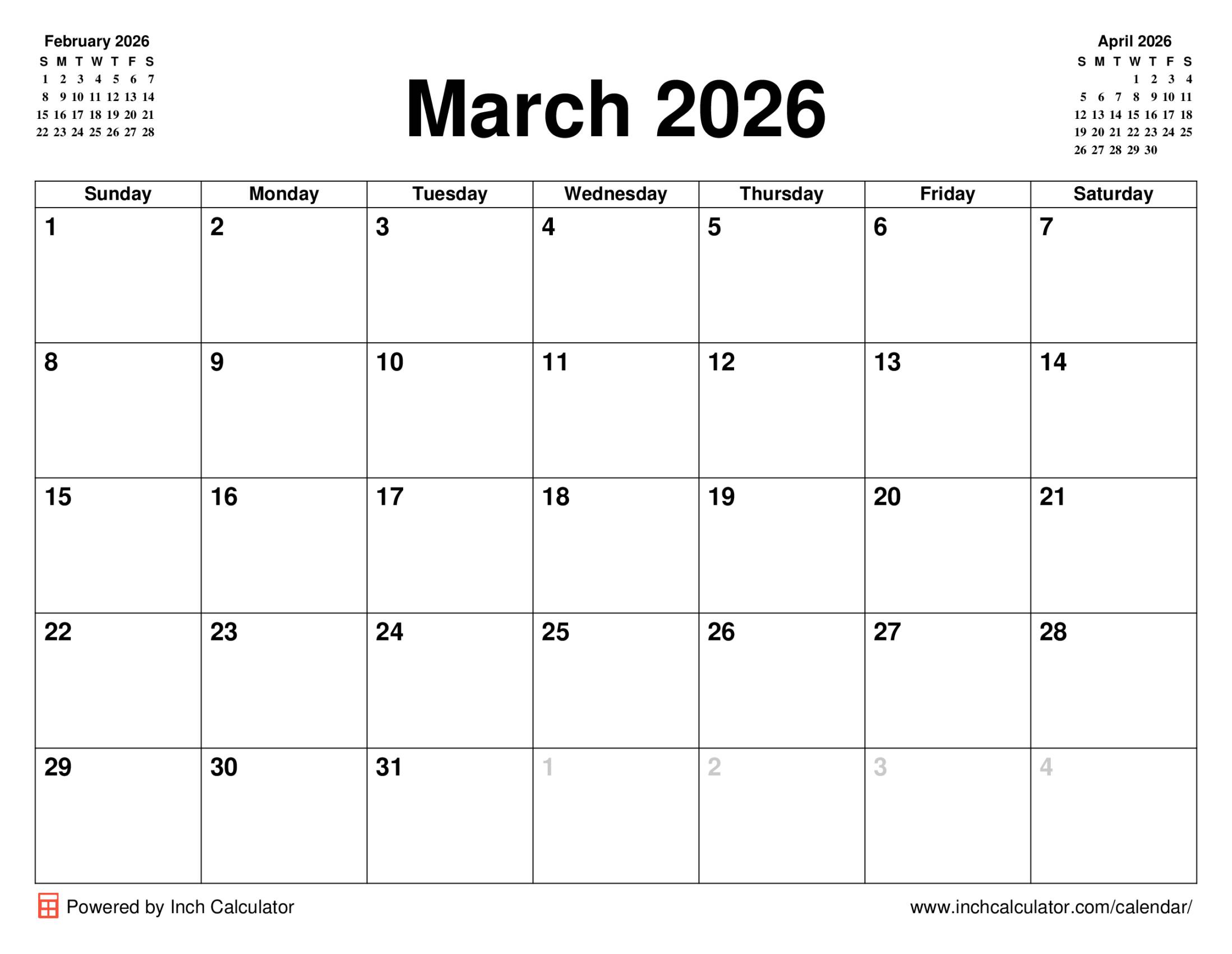 March 2026 calendar without holidays