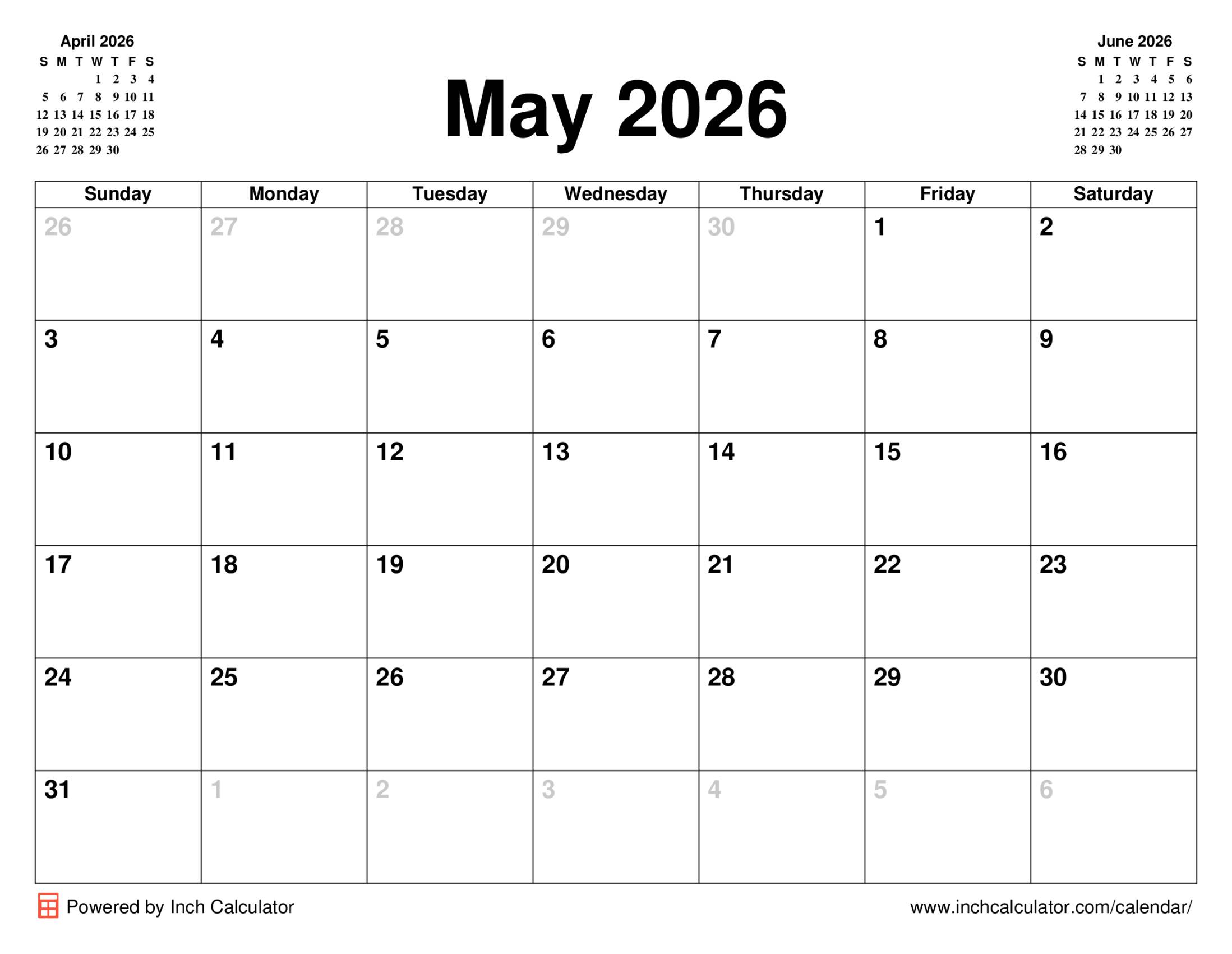 May 2026 calendar without holidays