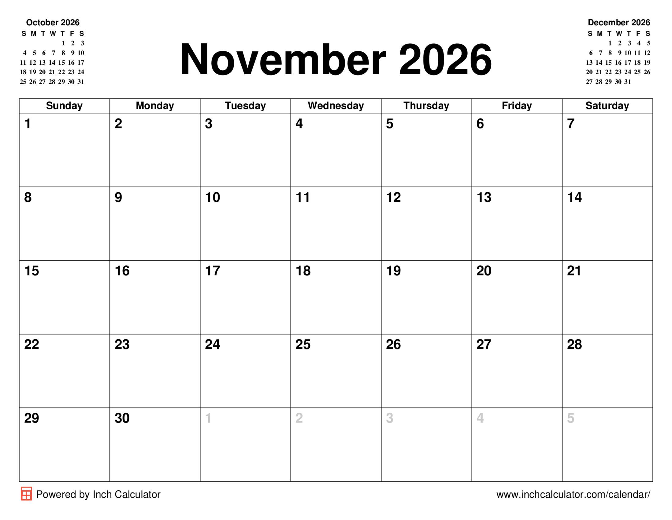 November 2026 calendar without holidays
