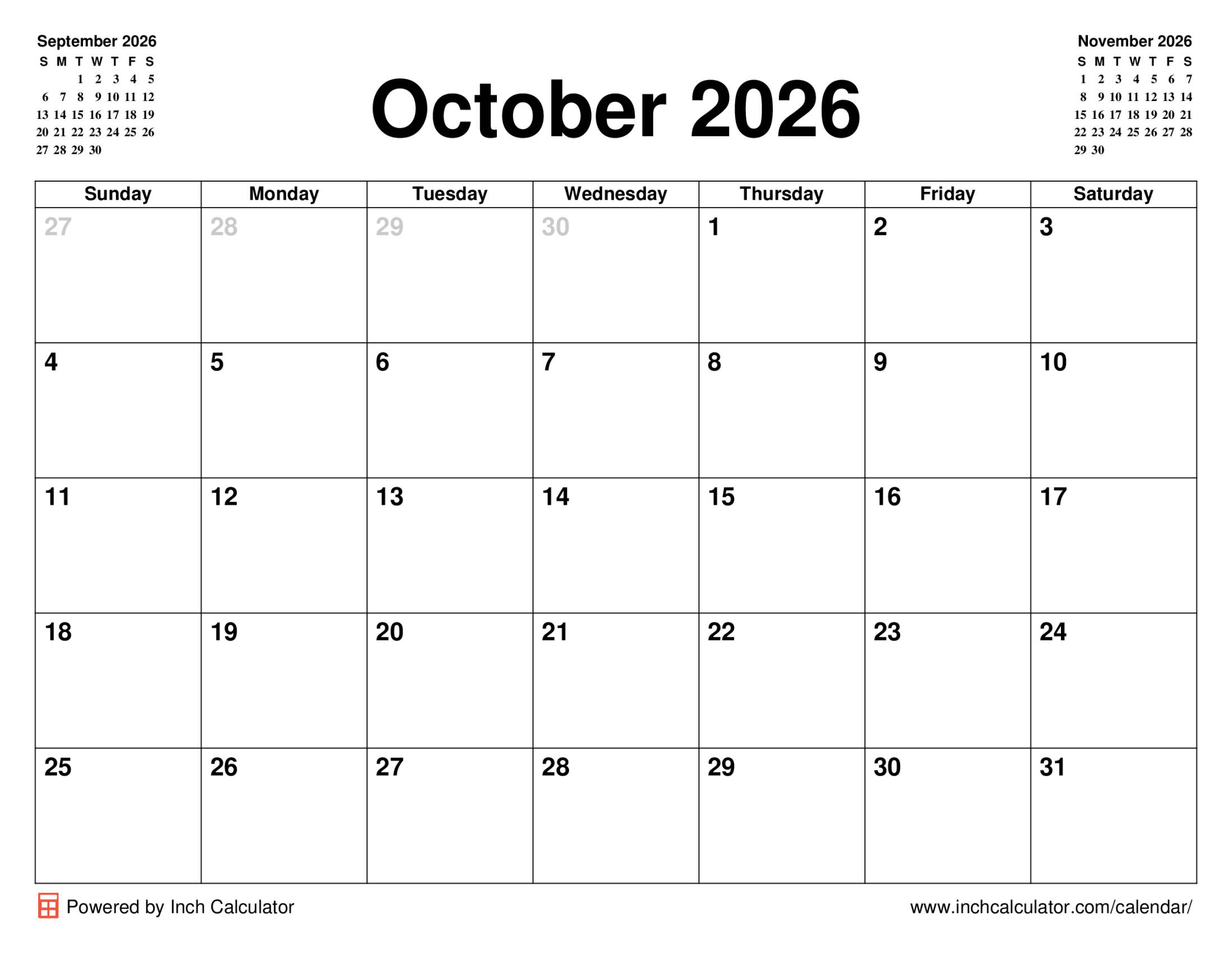 October 2026 calendar without holidays