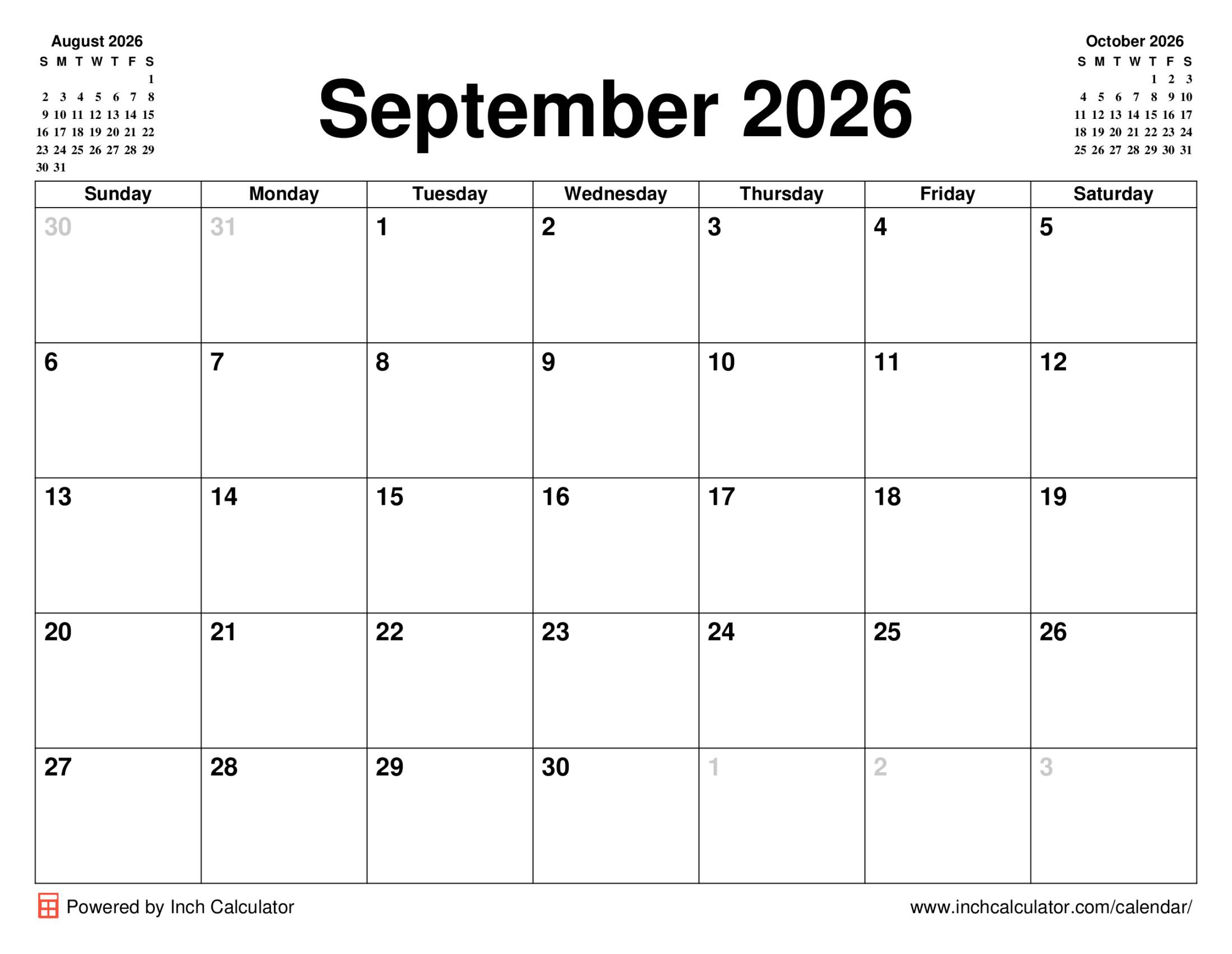 September 2026 calendar without holidays