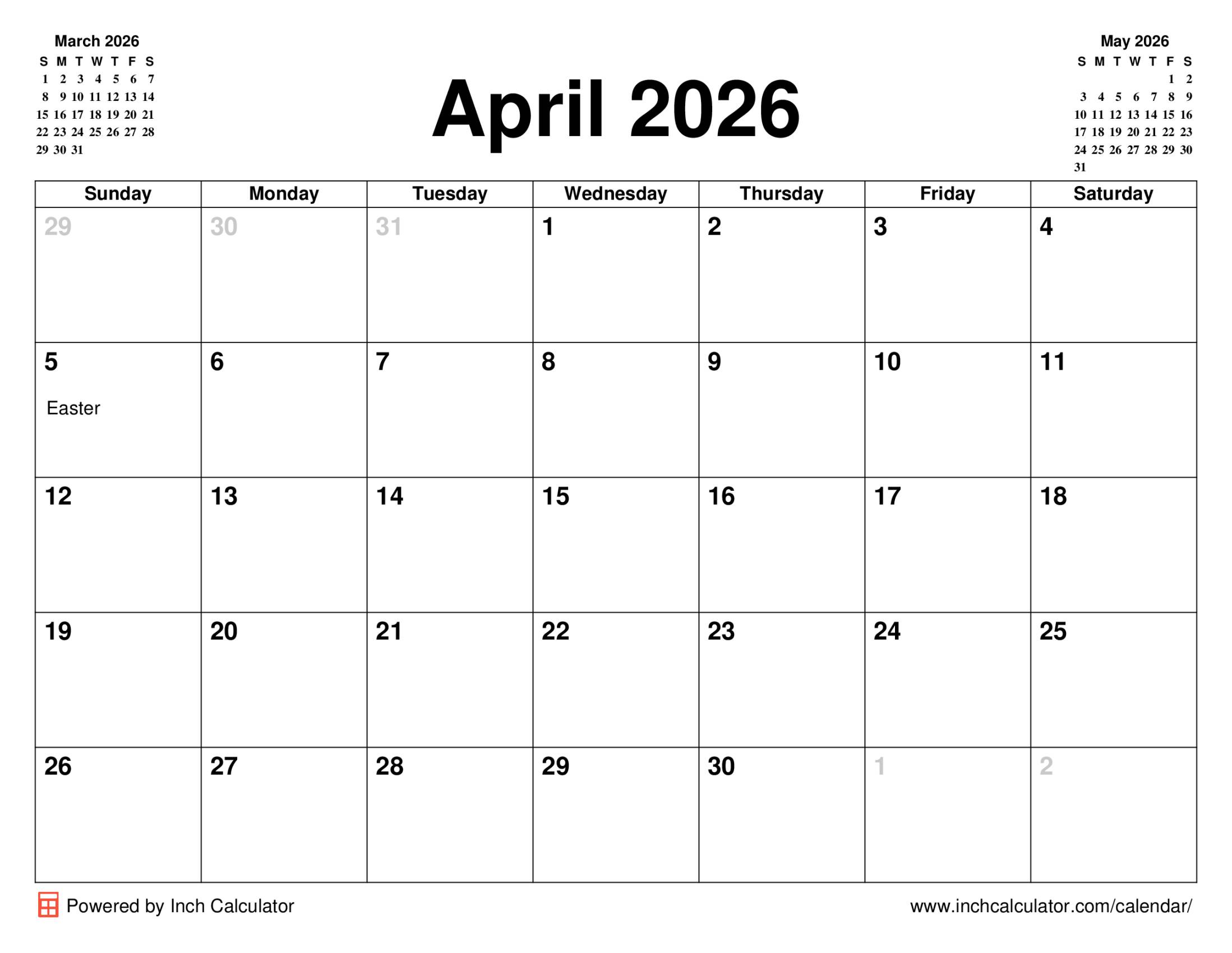 April 2026 calendar with holidays