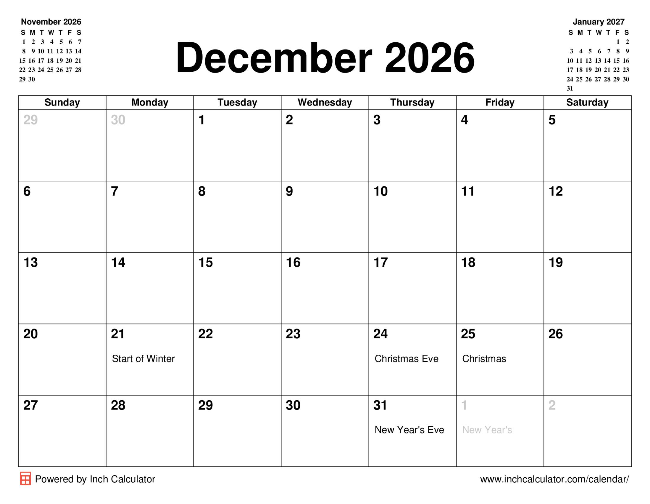 December 2026 calendar with holidays
