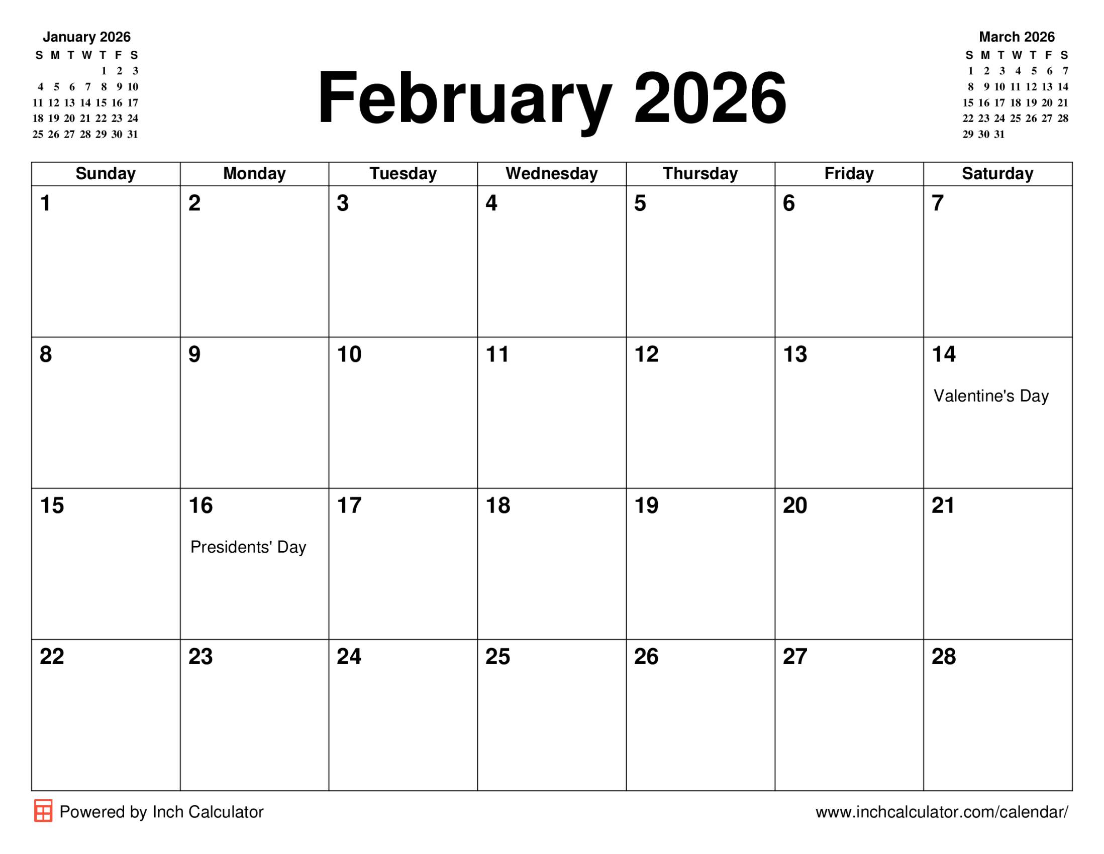 February 2026 calendar with holidays