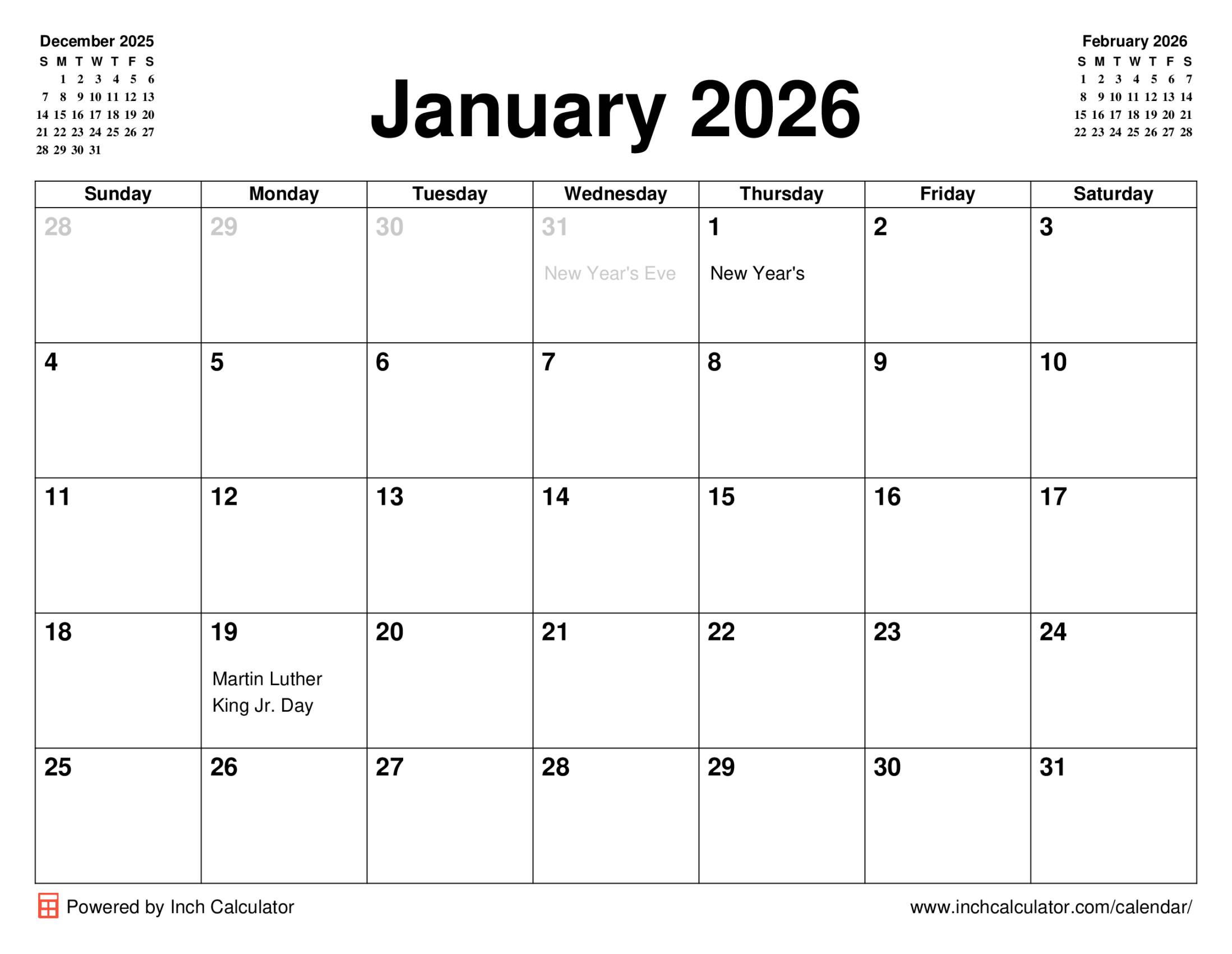January 2026 calendar with holidays