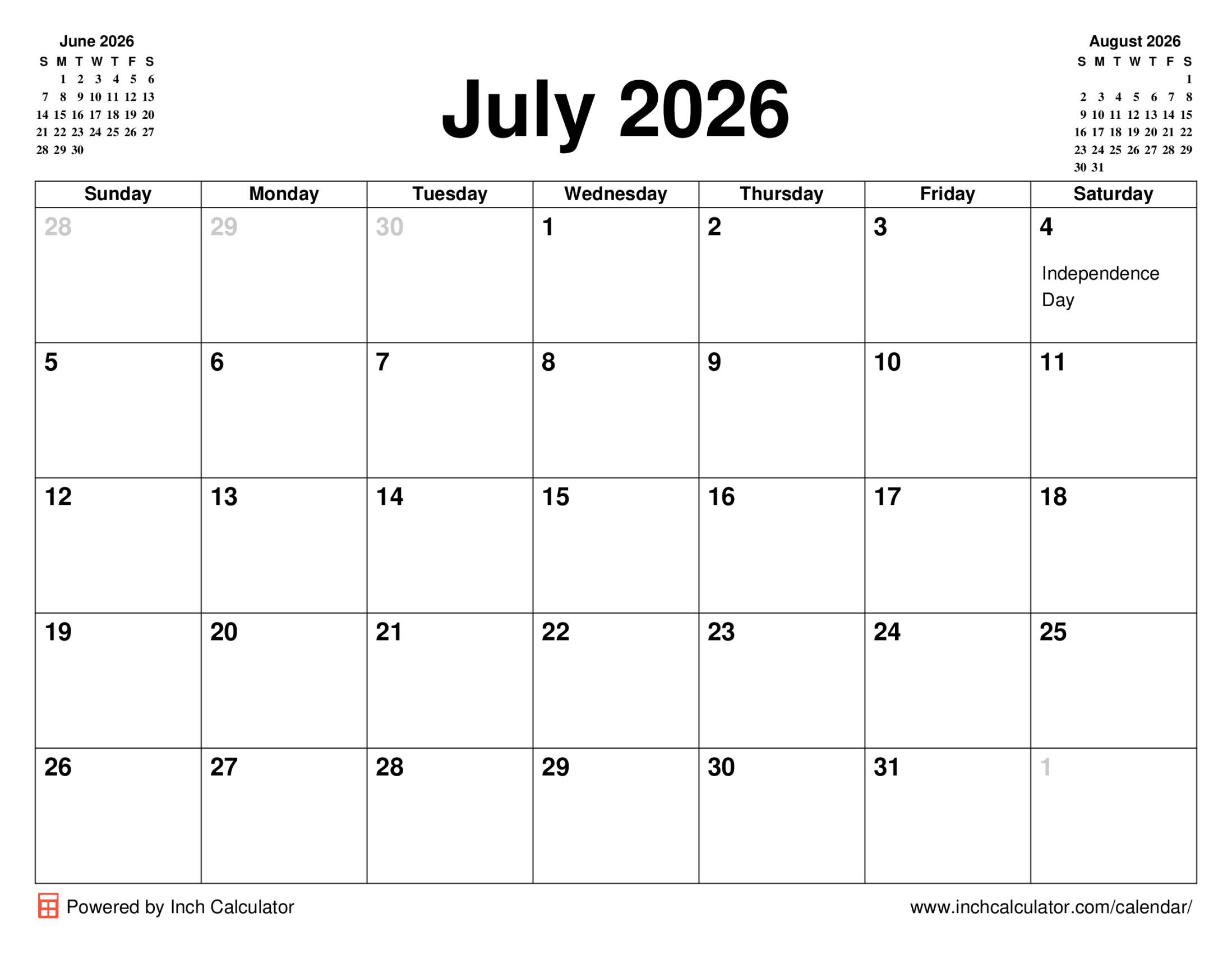 July 2026 calendar with holidays