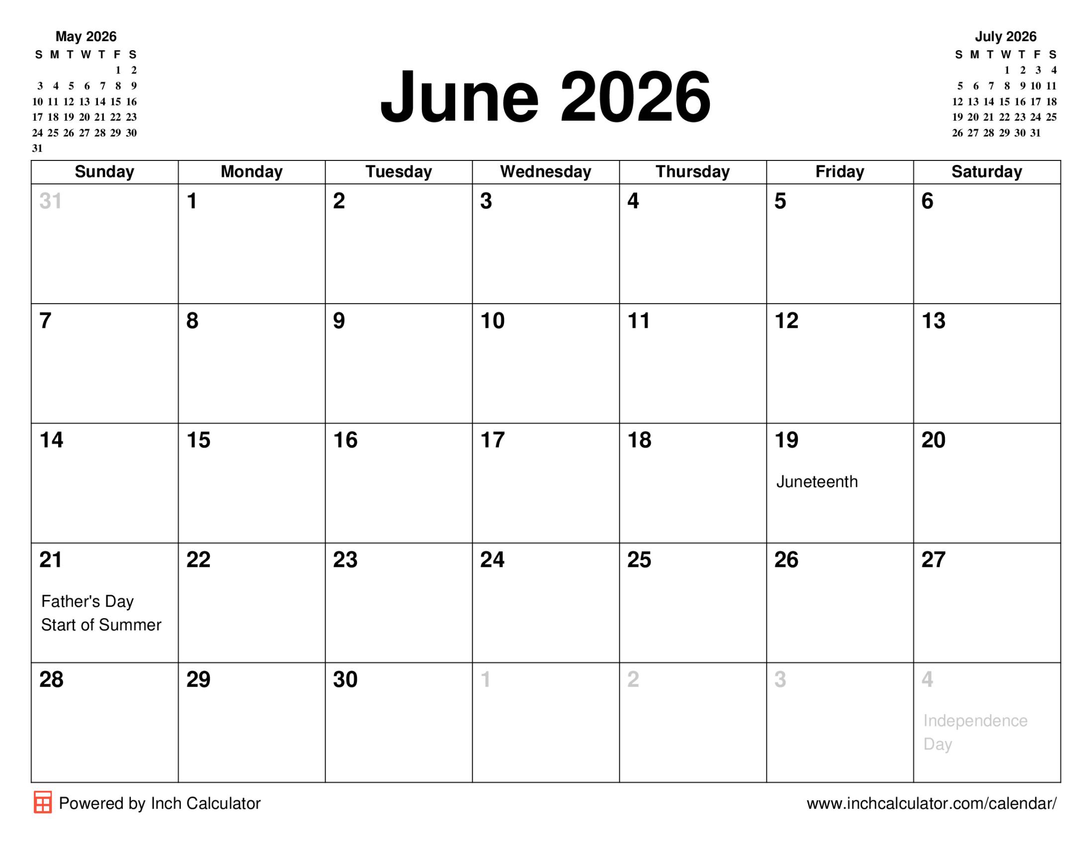 June 2026 calendar with holidays