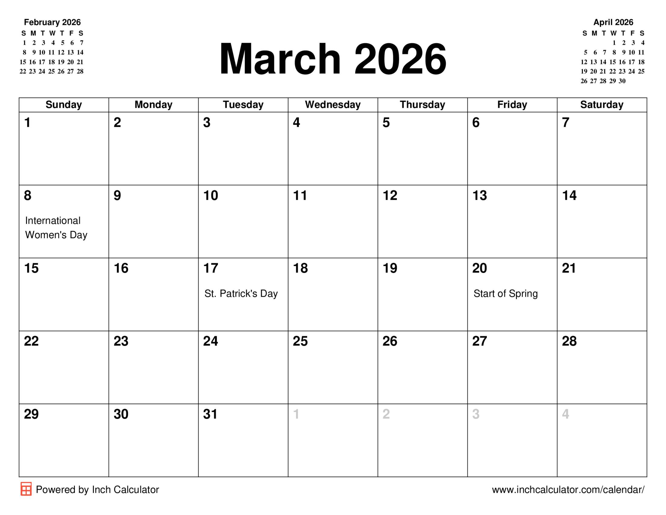 March 2026 calendar with holidays