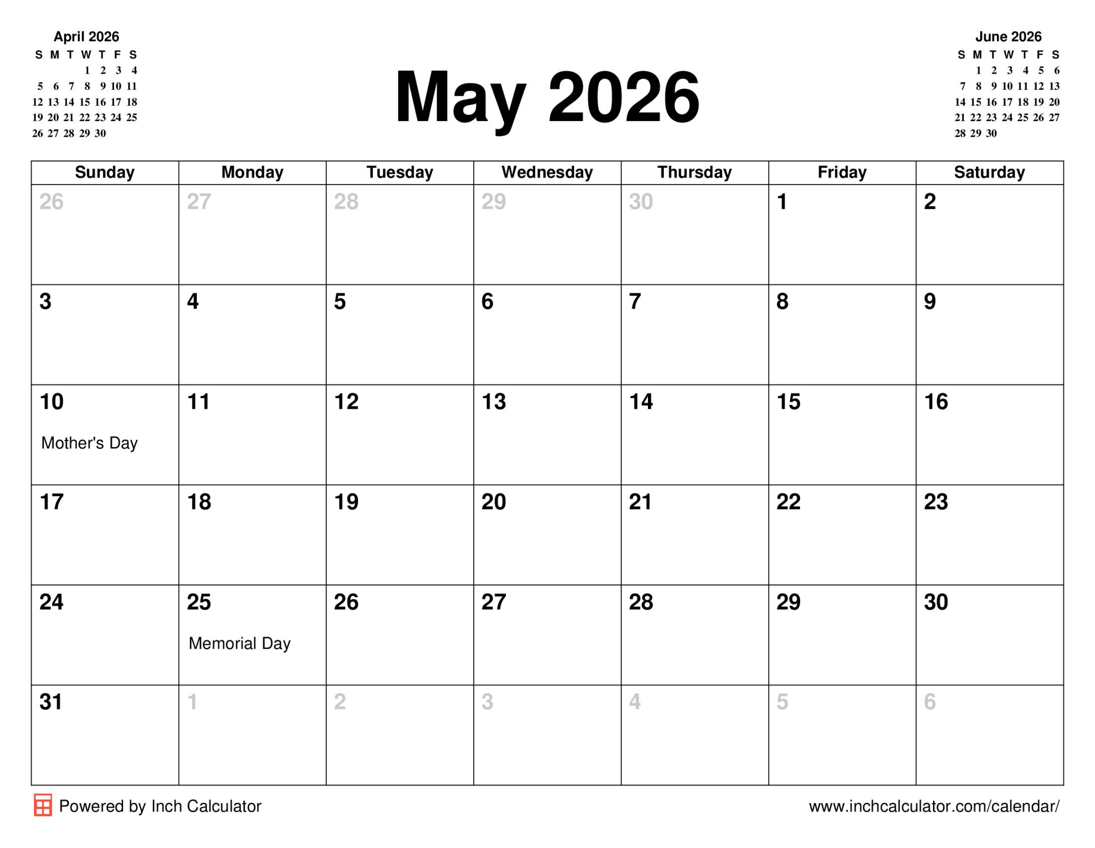 May 2026 calendar with holidays