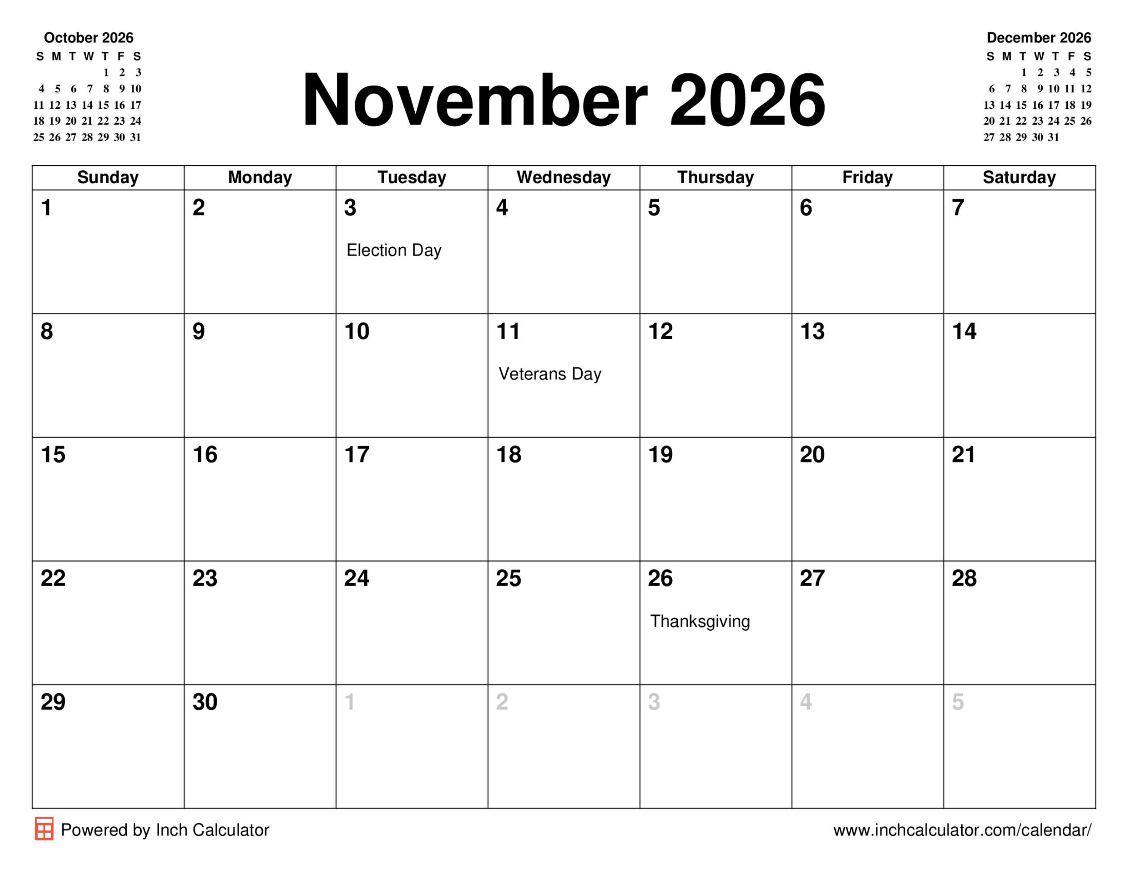 November 2026 calendar with holidays