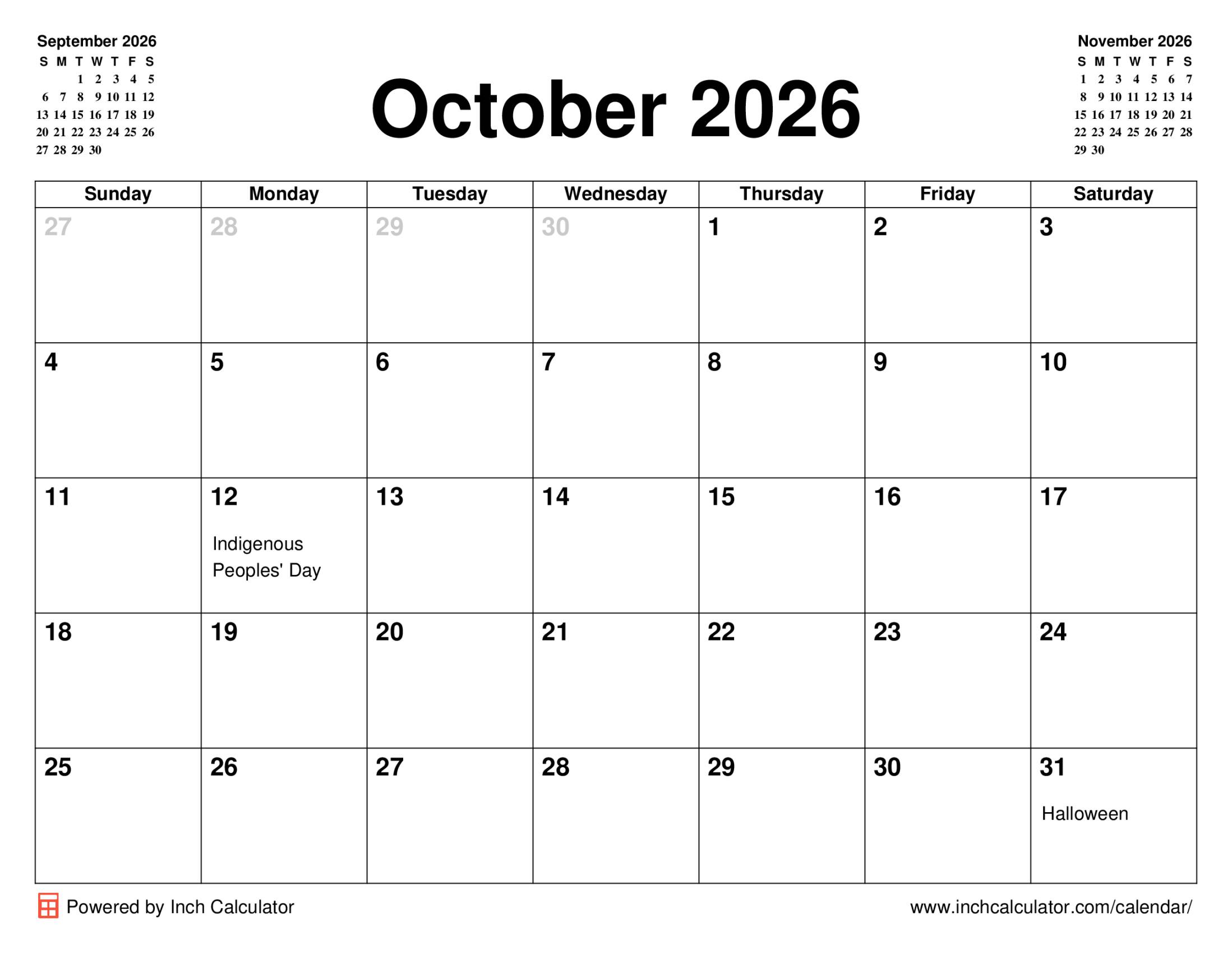 October 2026 calendar with holidays