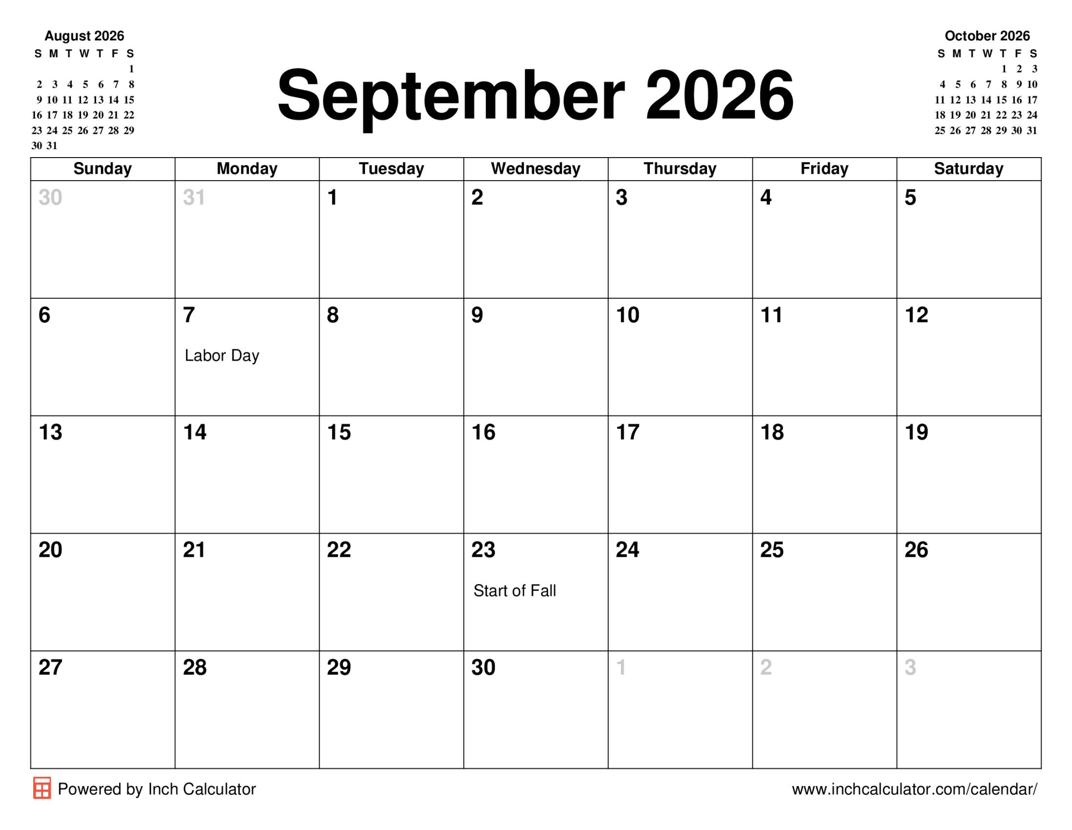 September 2026 calendar with holidays
