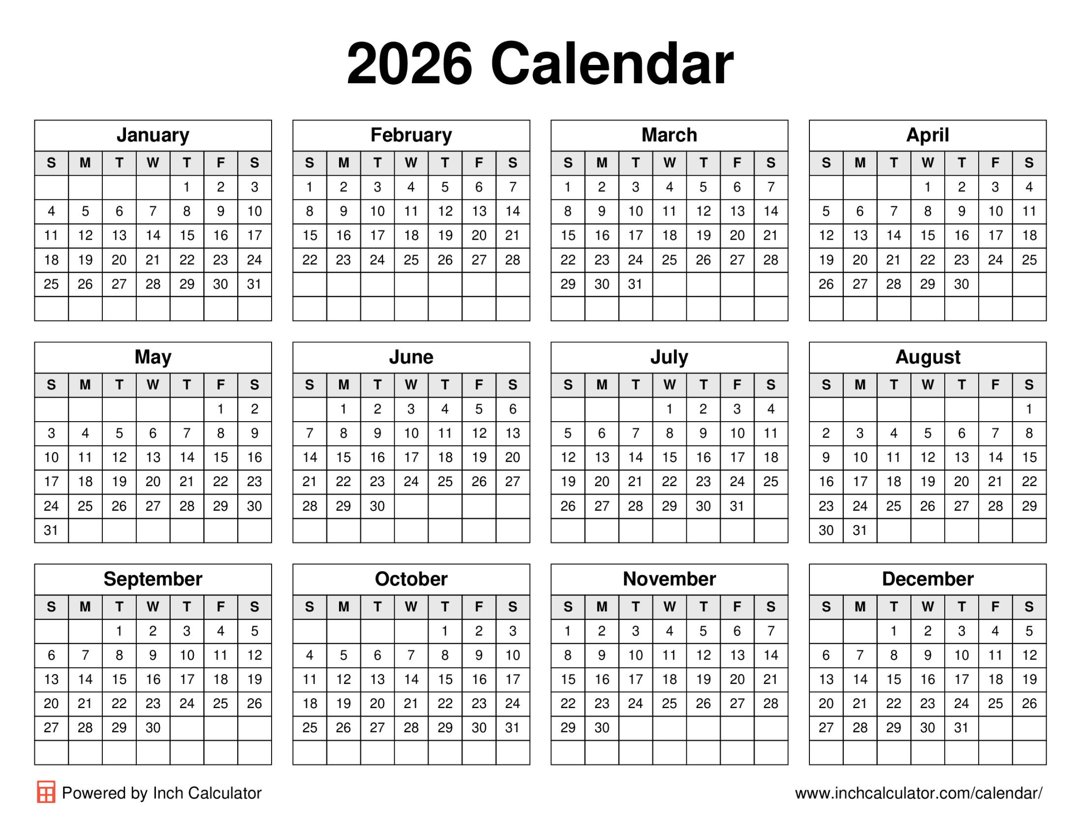 2026 calendar (landscape)