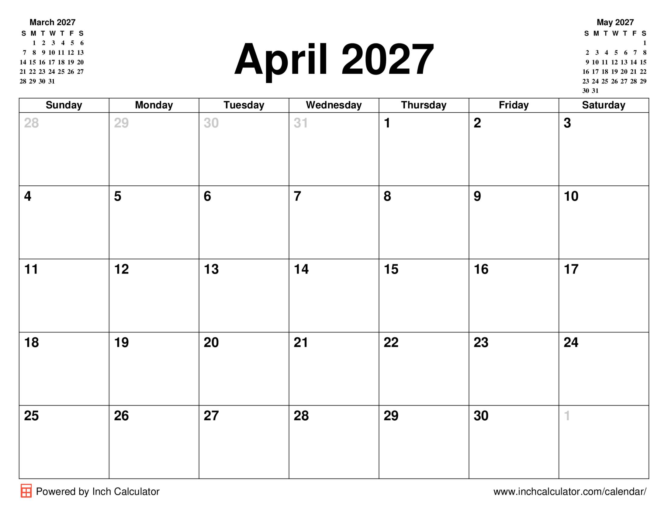 April 2027 calendar without holidays