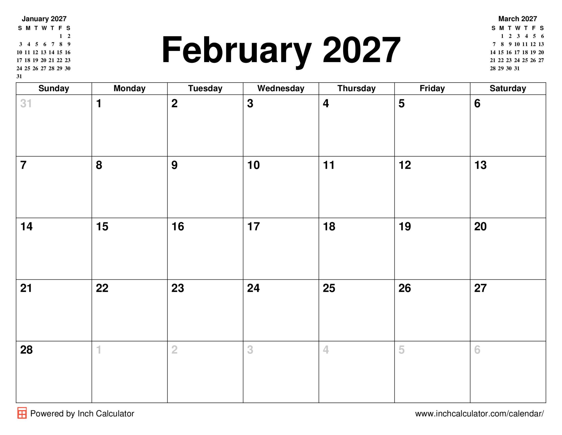 February 2027 calendar without holidays