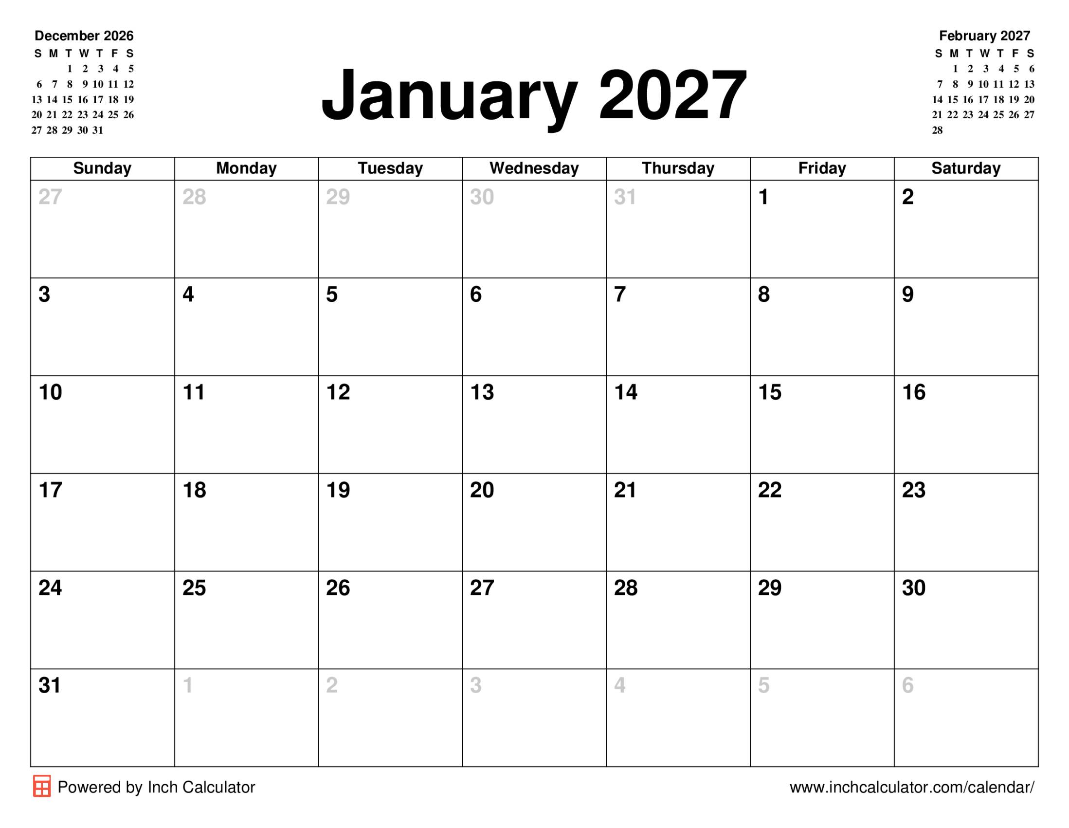 January 2027 calendar without holidays