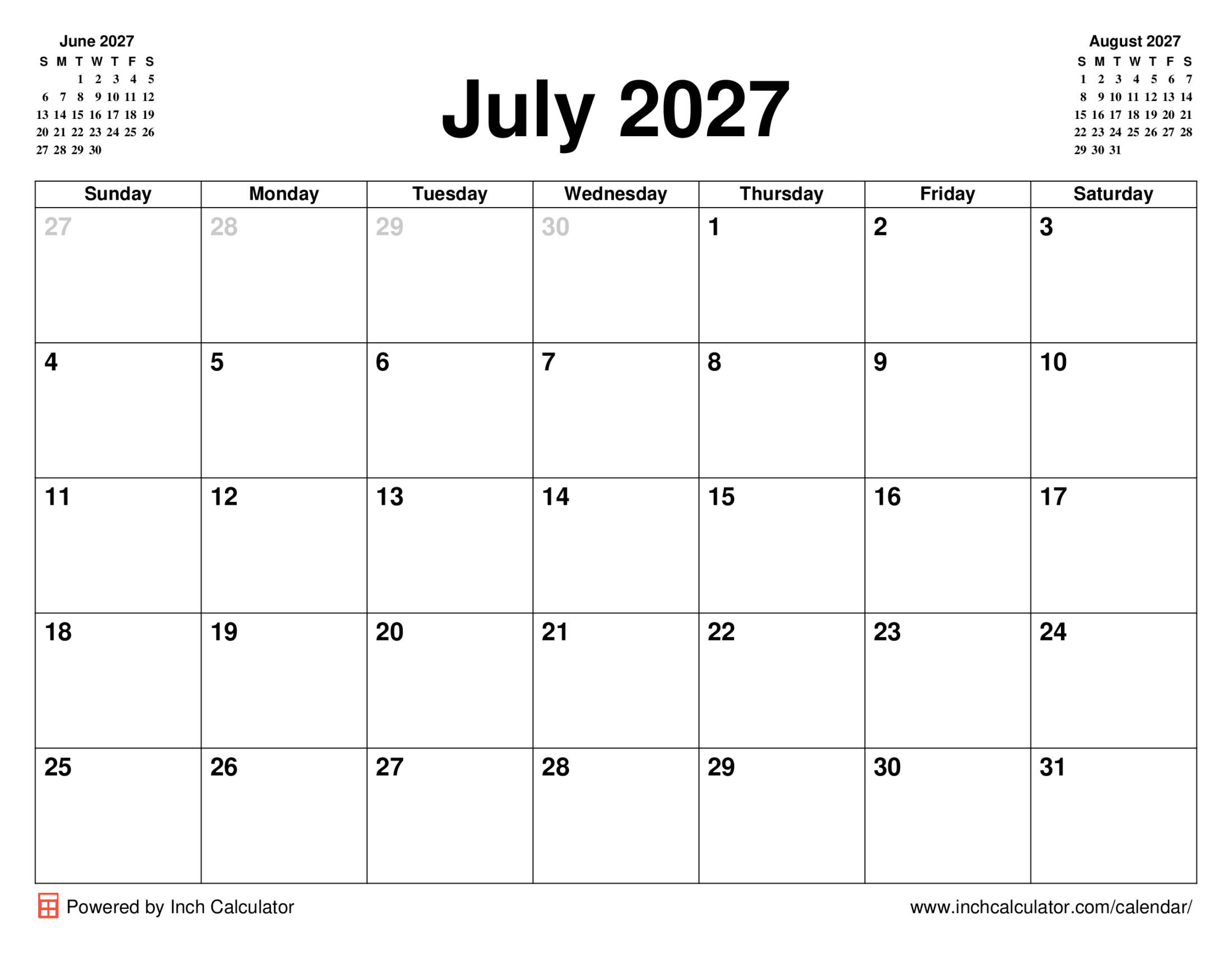 July 2027 calendar without holidays