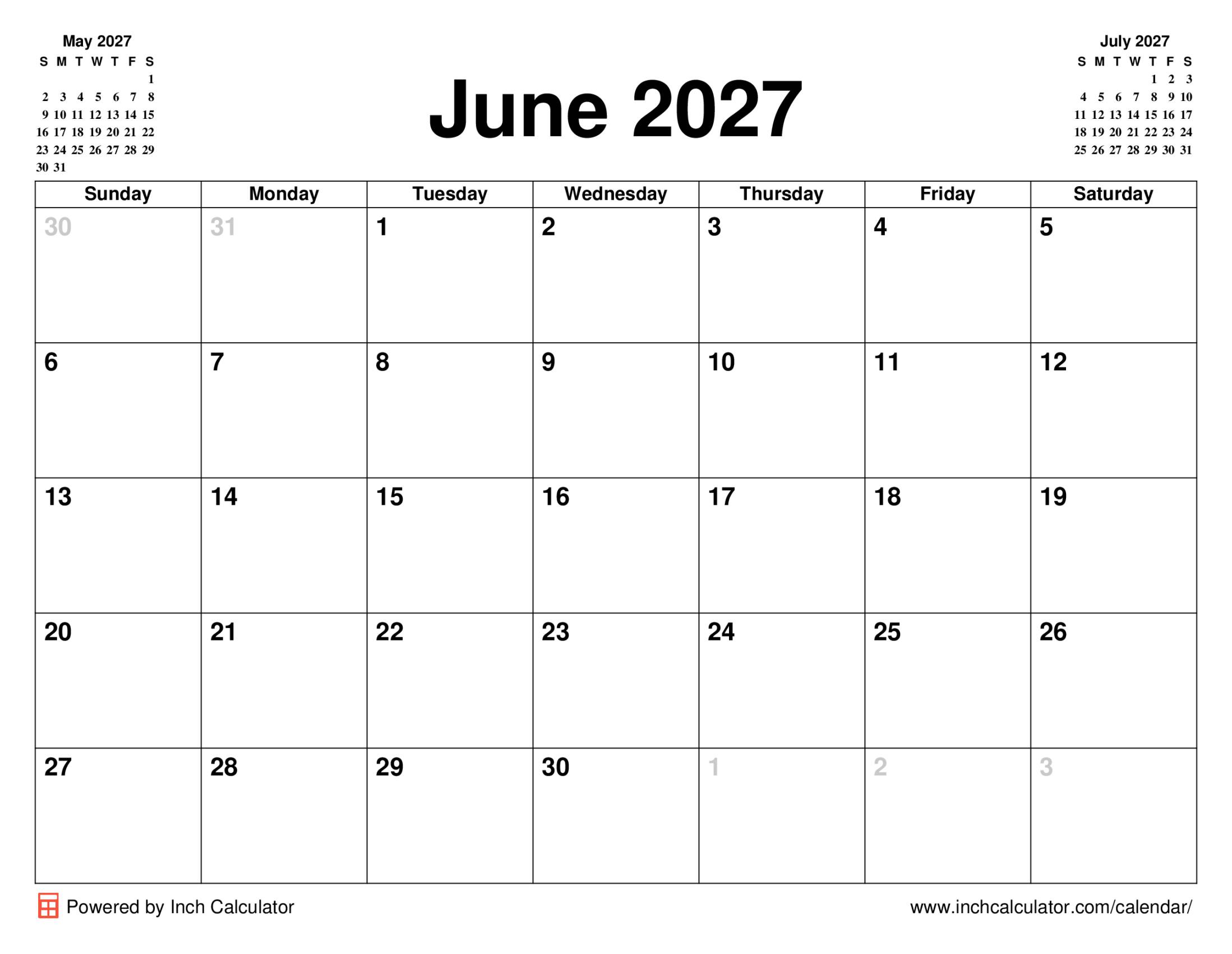 June 2027 calendar without holidays