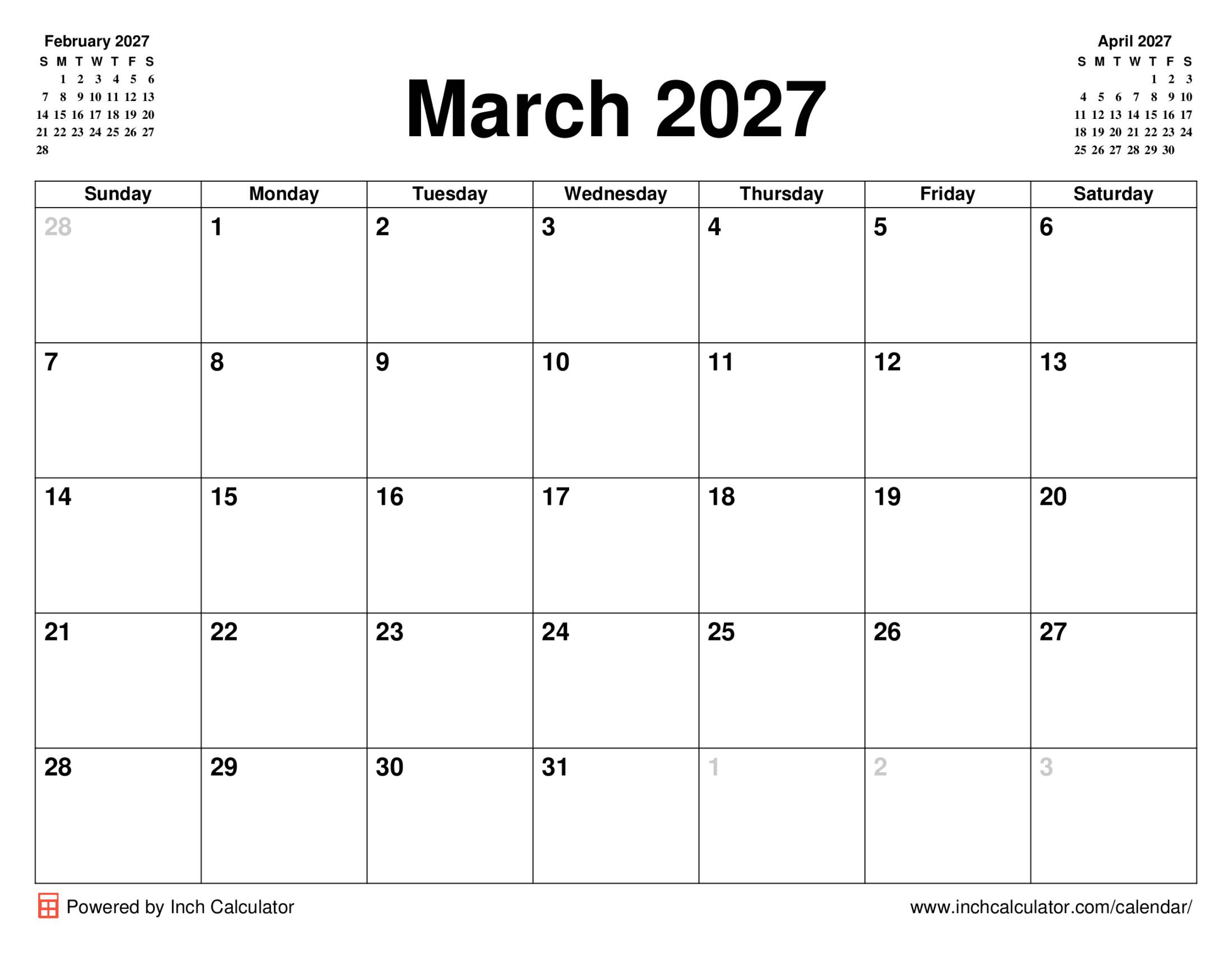 March 2027 calendar without holidays