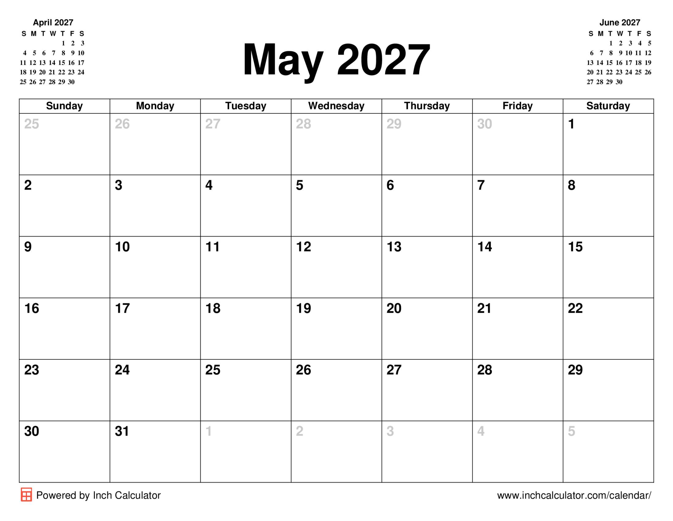May 2027 calendar without holidays