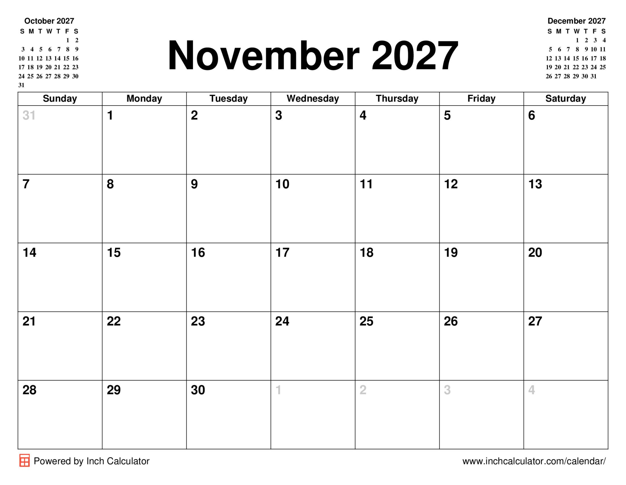 November 2027 calendar without holidays