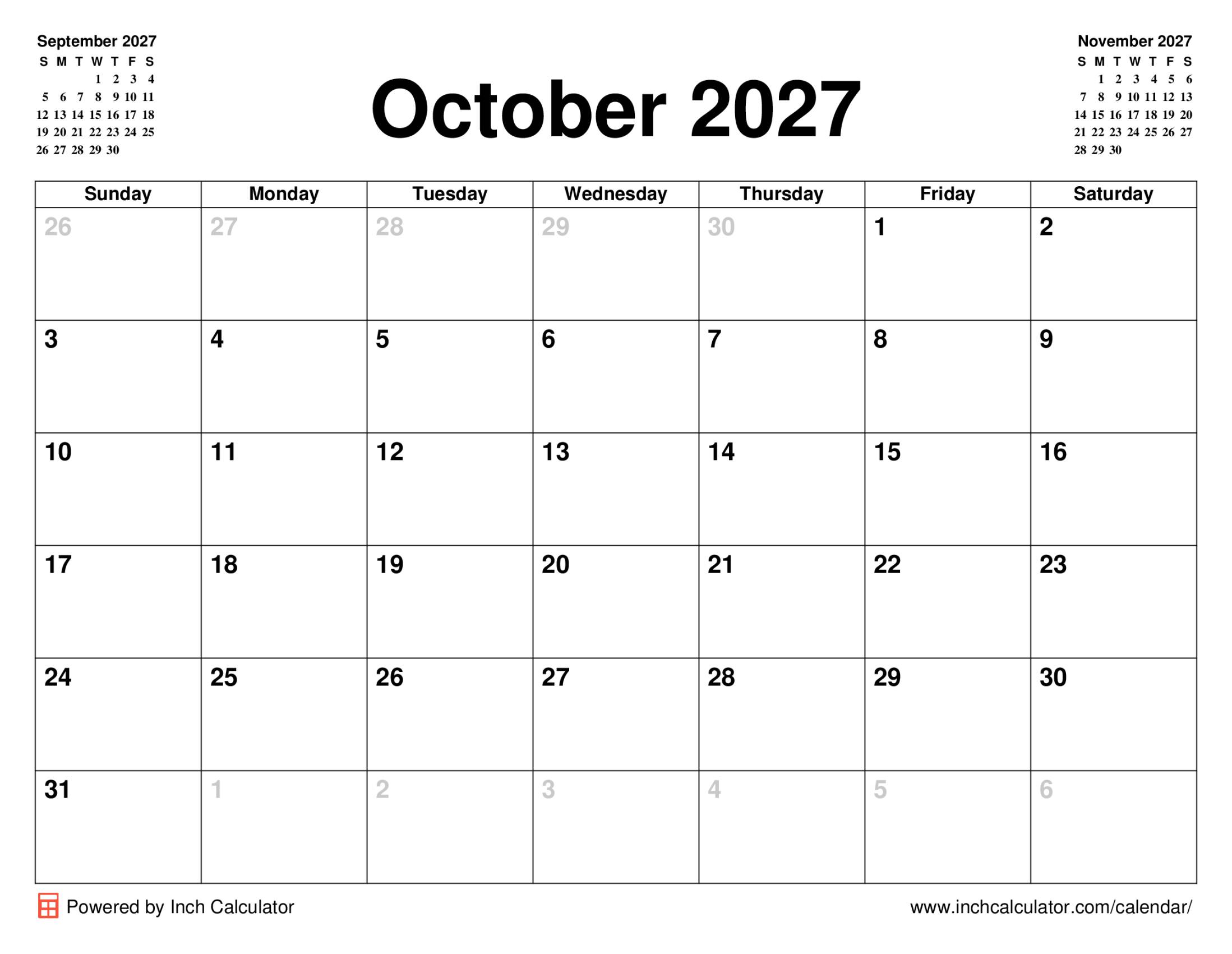 October 2027 calendar without holidays