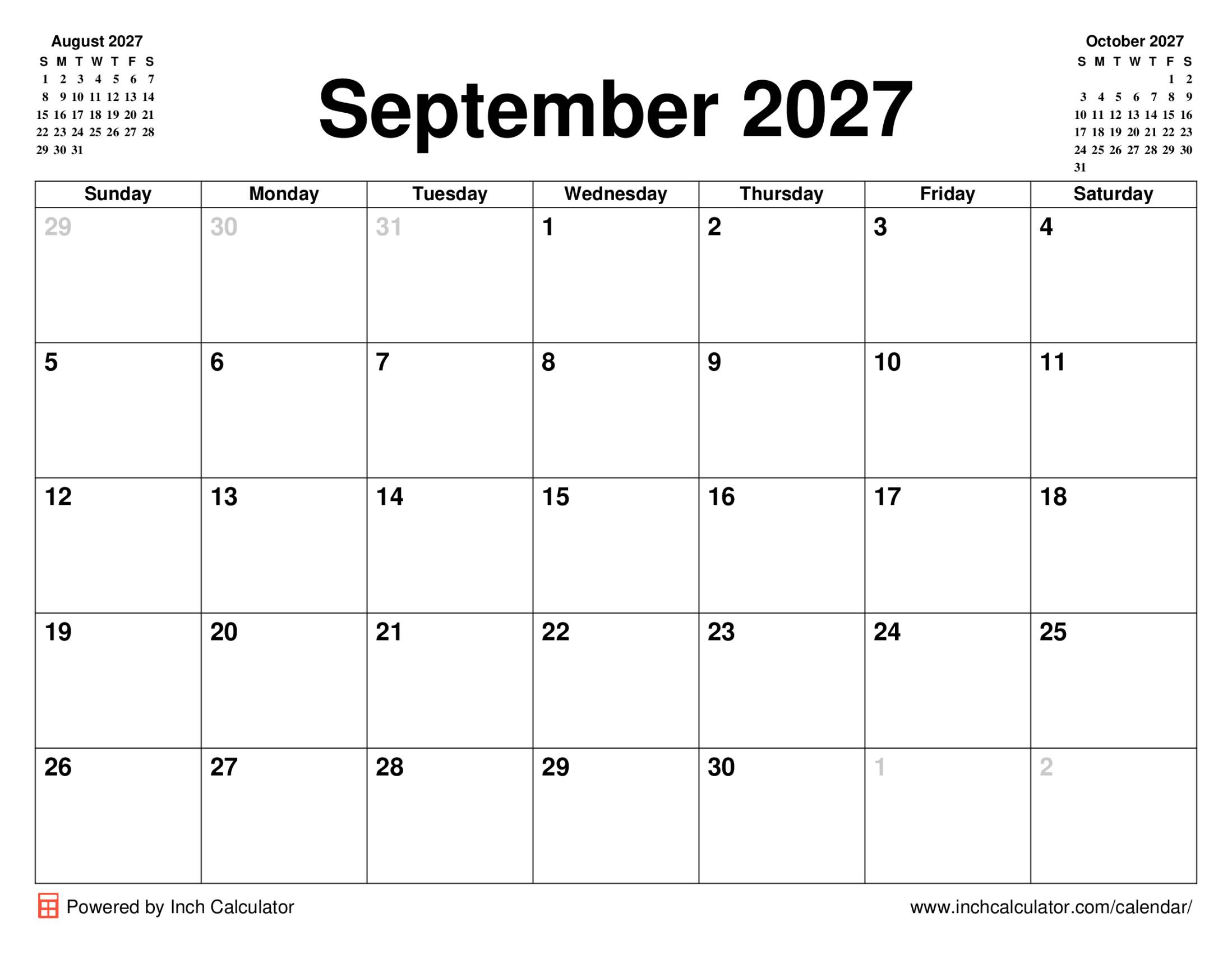 September 2027 calendar without holidays