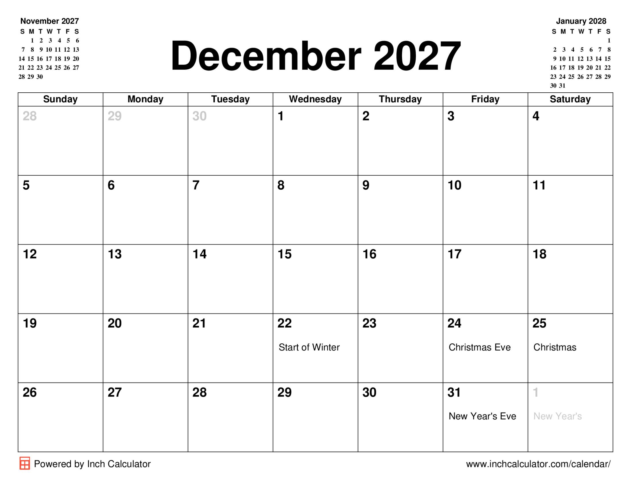 December 2027 calendar with holidays