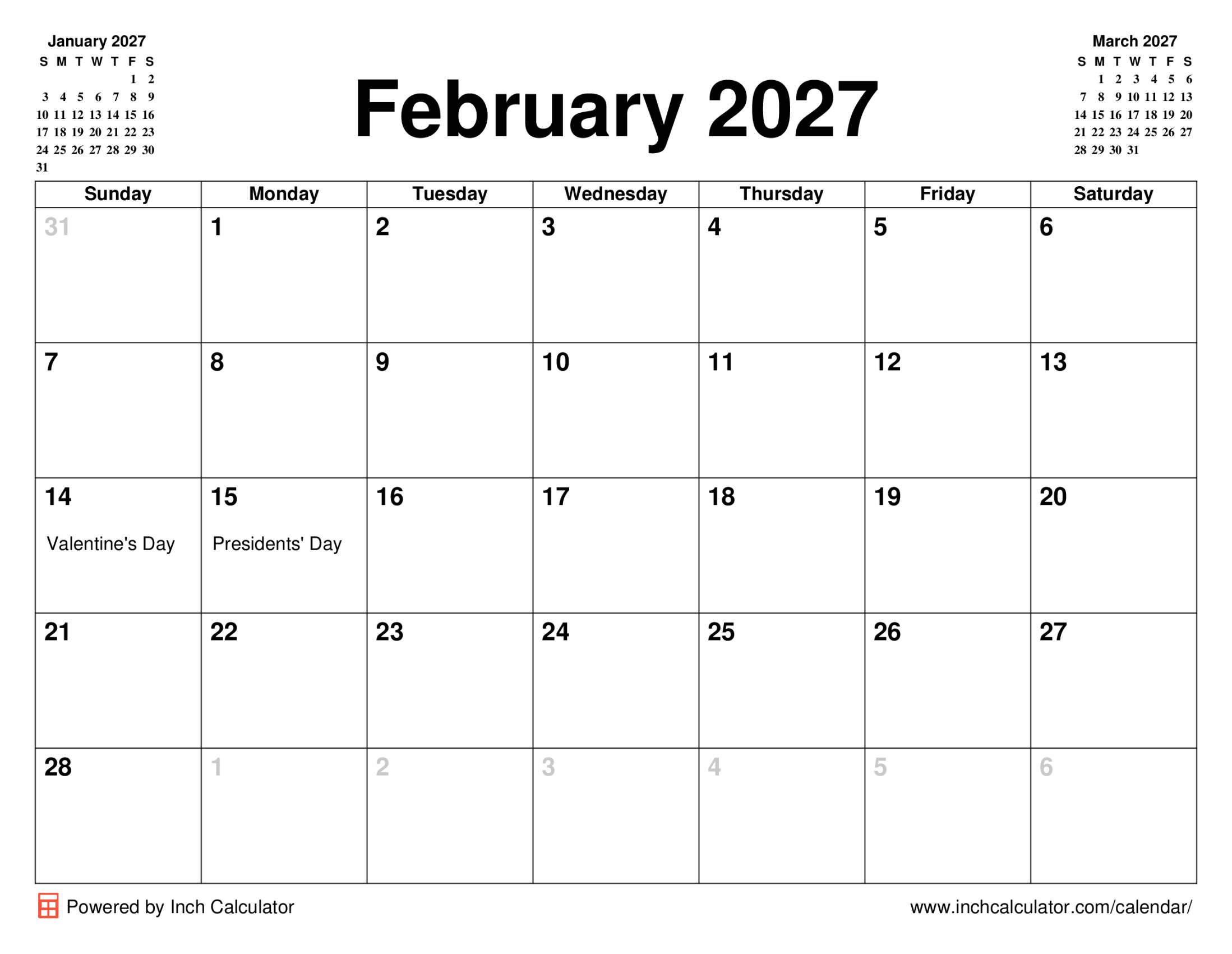 February 2027 calendar with holidays