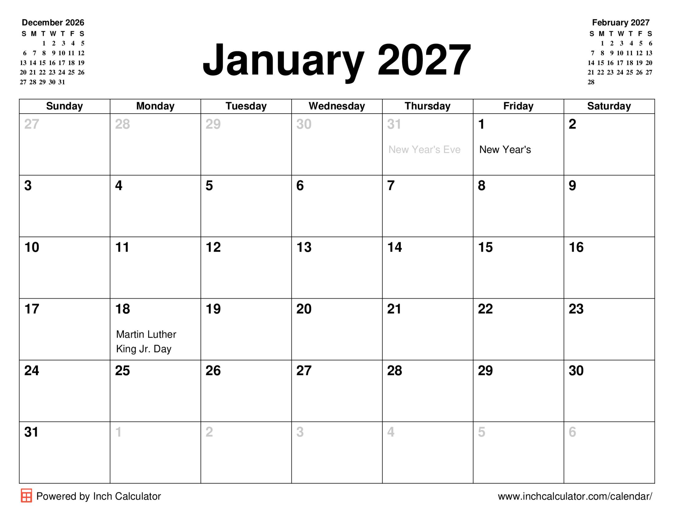 January 2027 calendar with holidays