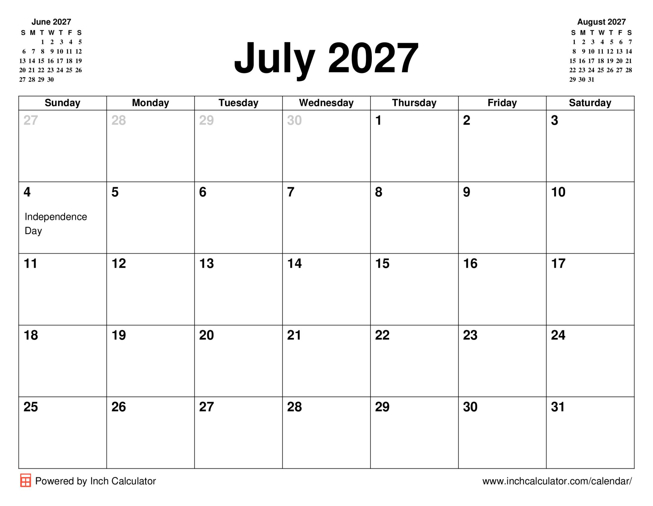 July 2027 calendar with holidays