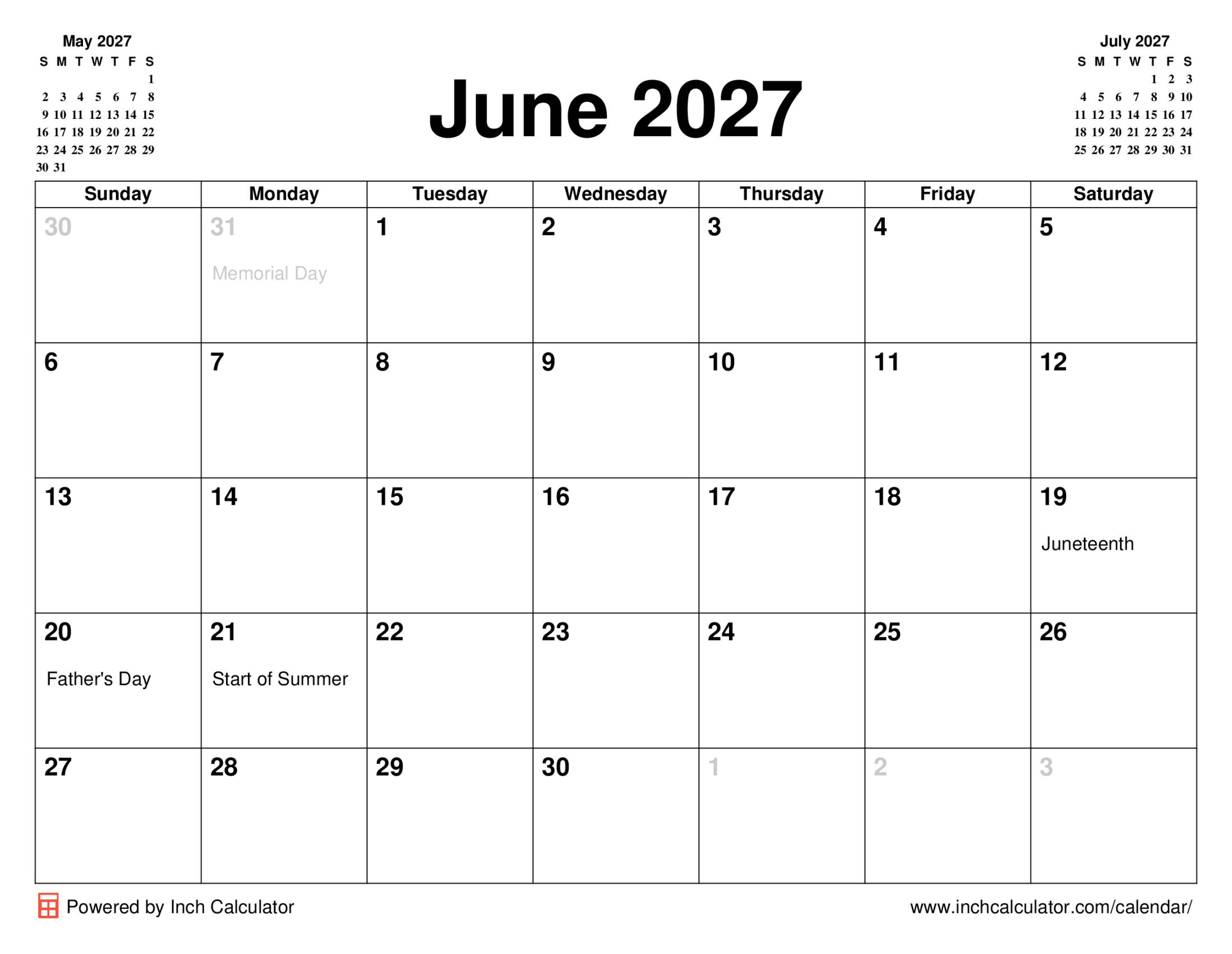 June 2027 calendar with holidays
