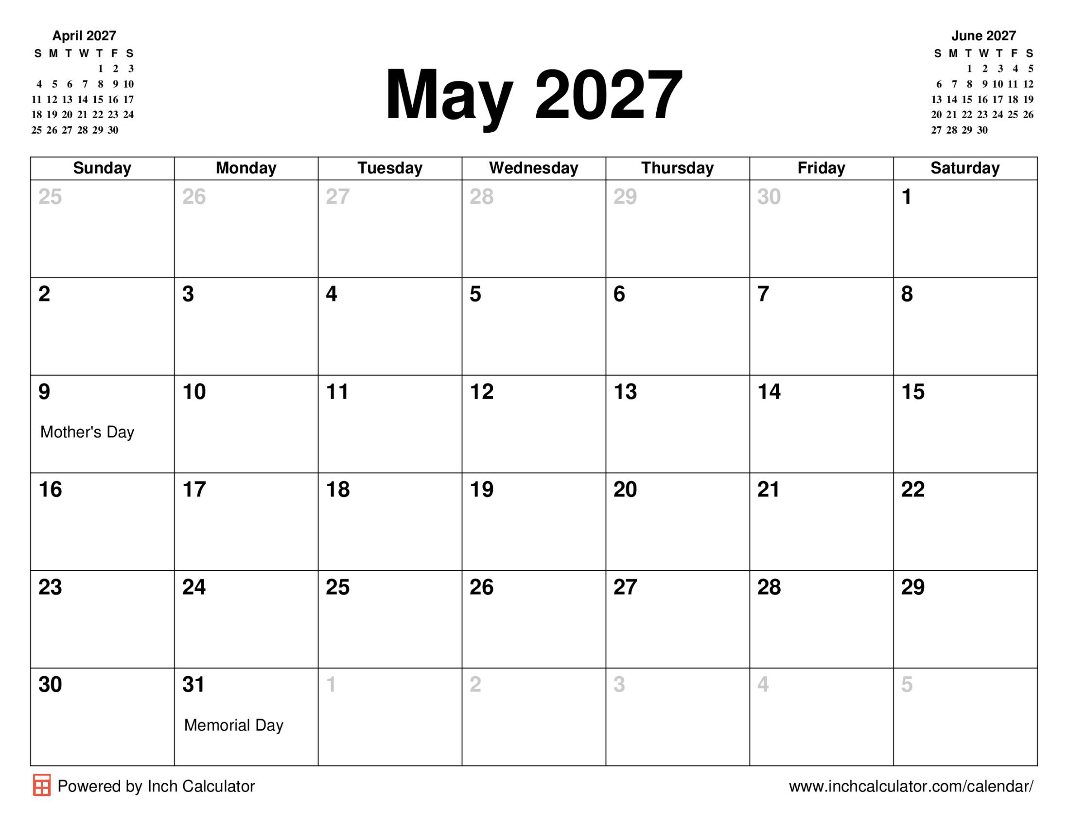 May 2027 calendar with holidays