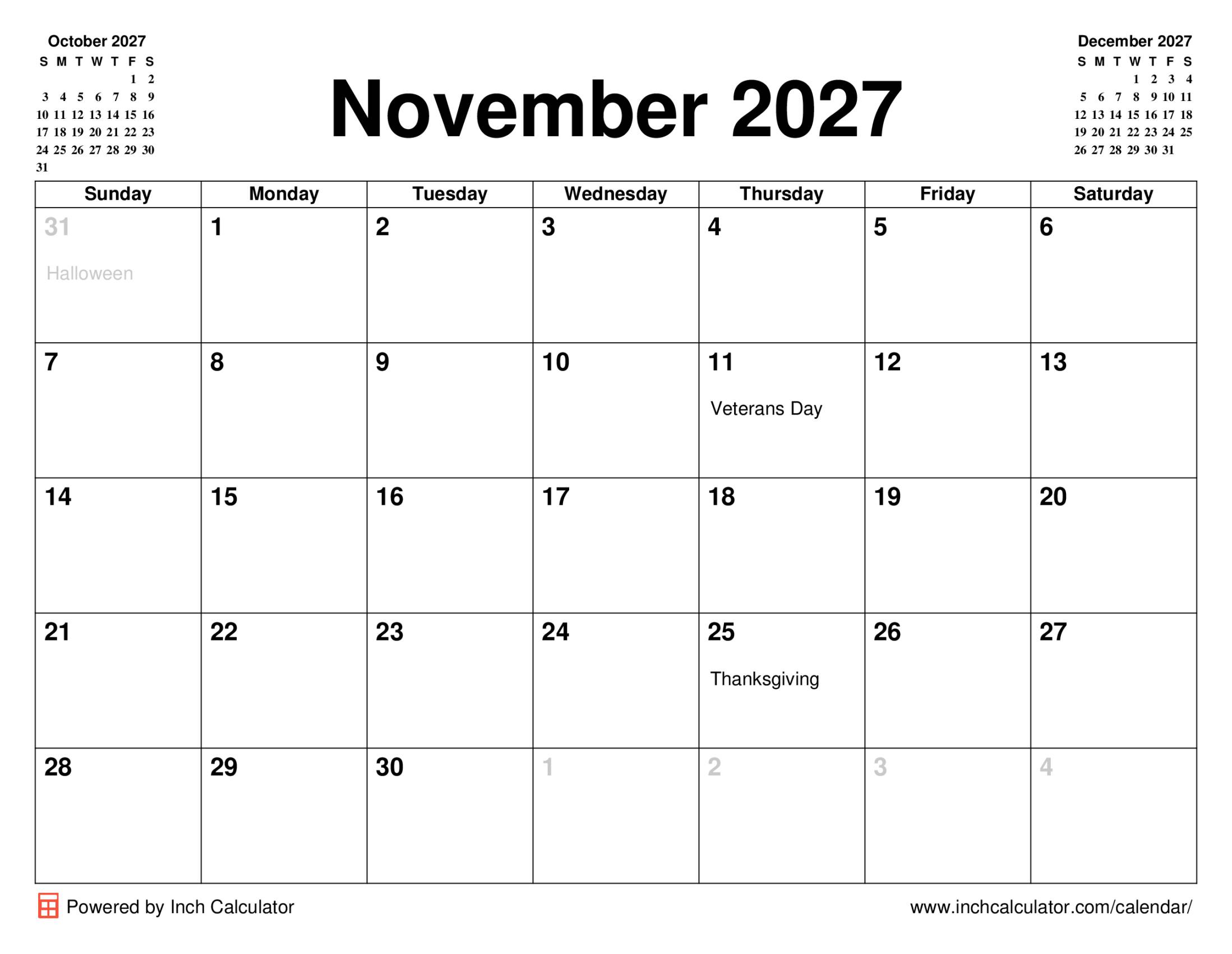November 2027 calendar with holidays