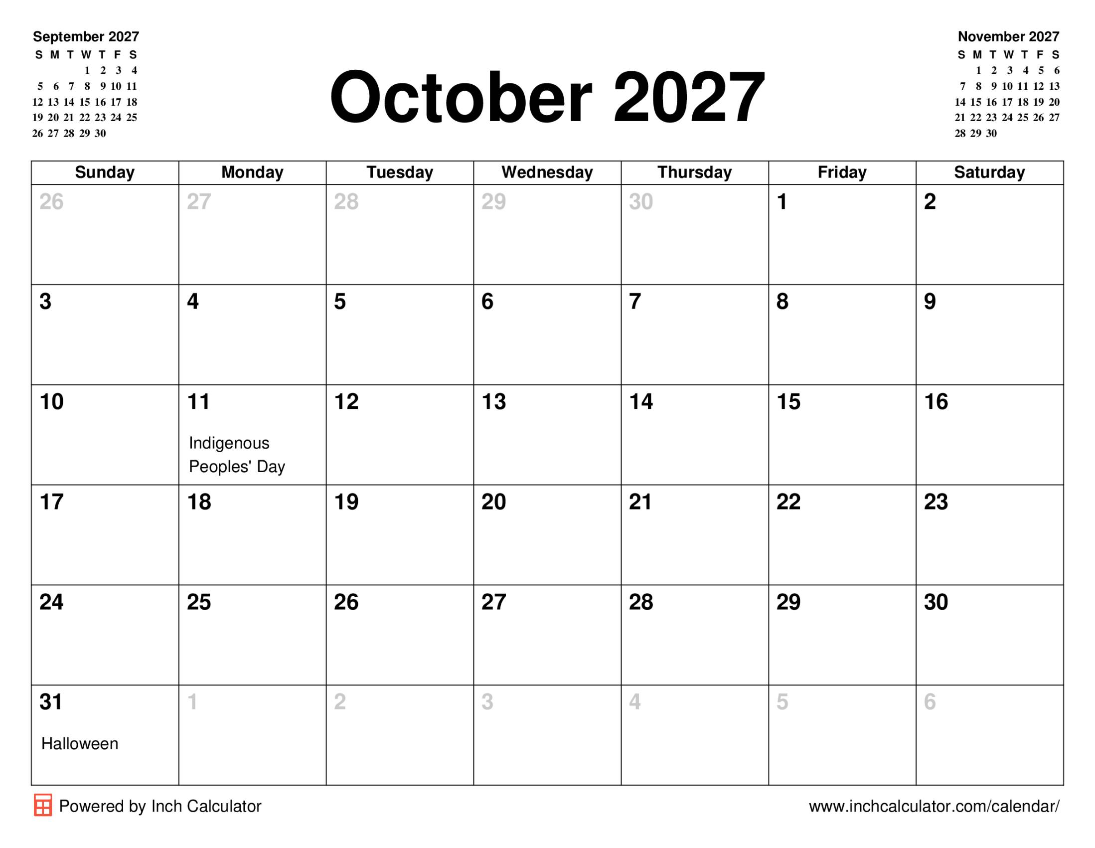 October 2027 calendar with holidays