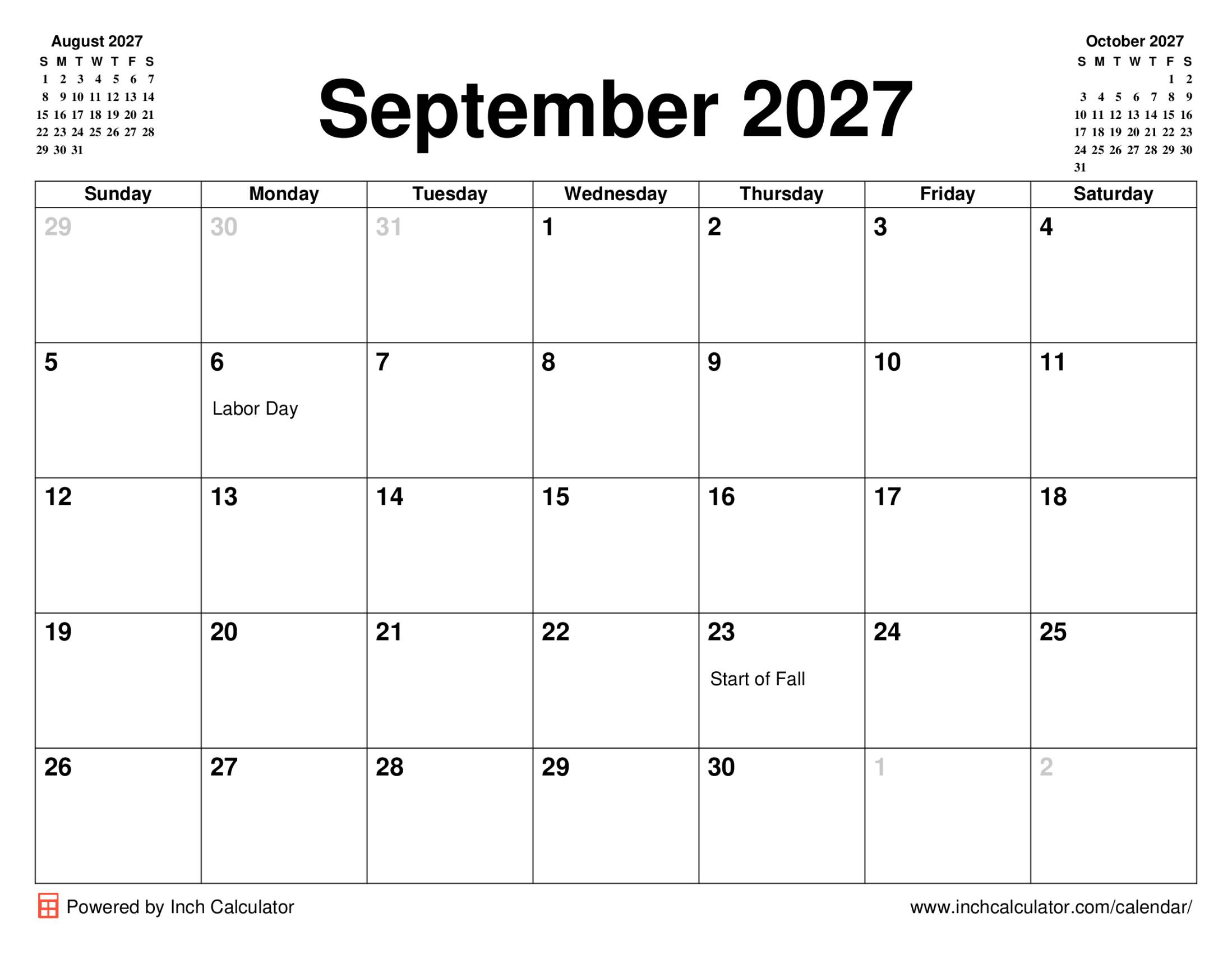 September 2027 calendar with holidays