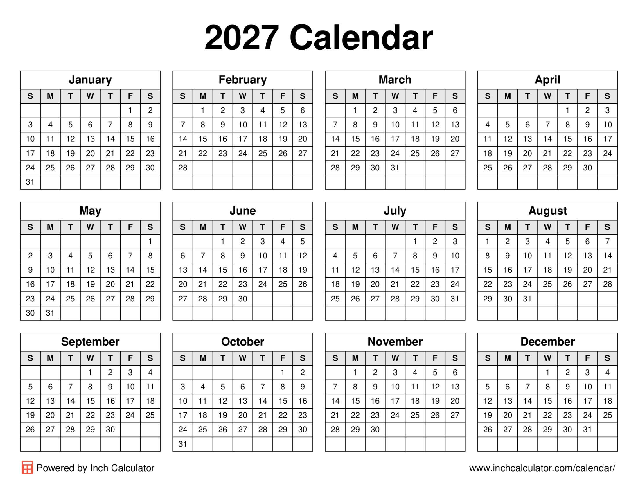2027 Calendar Inch Calculator