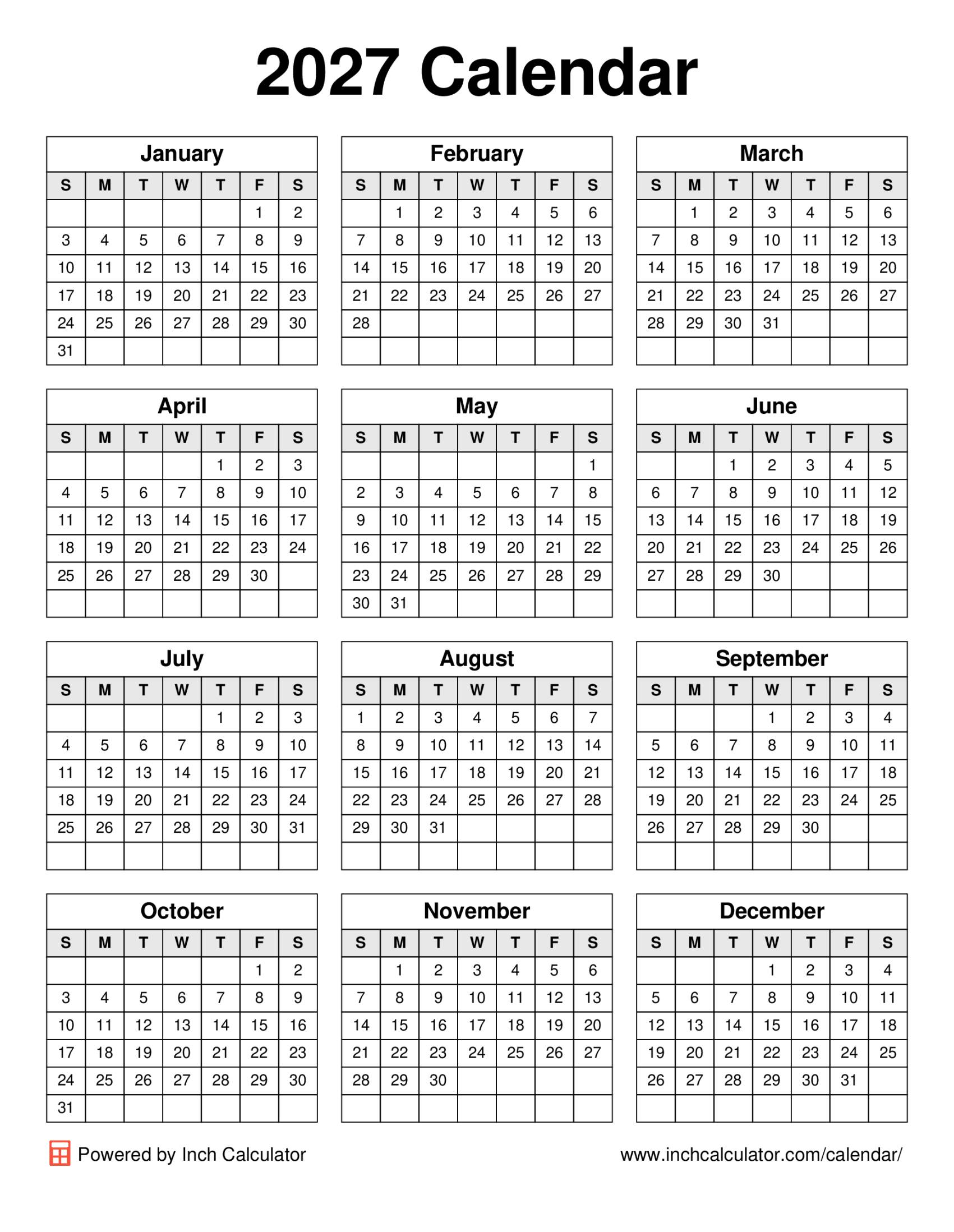 2027 calendar (portrait)