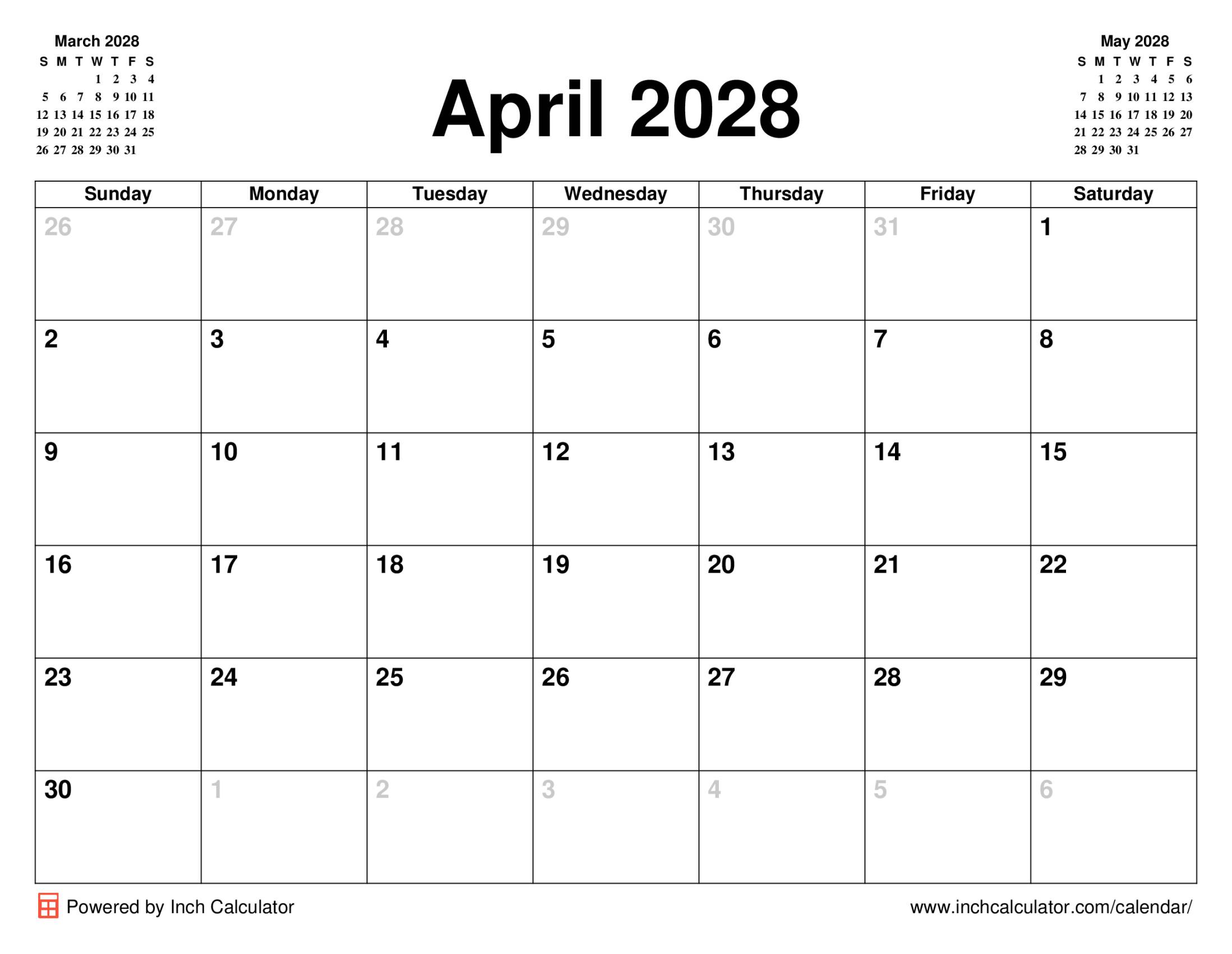 April 2028 calendar without holidays