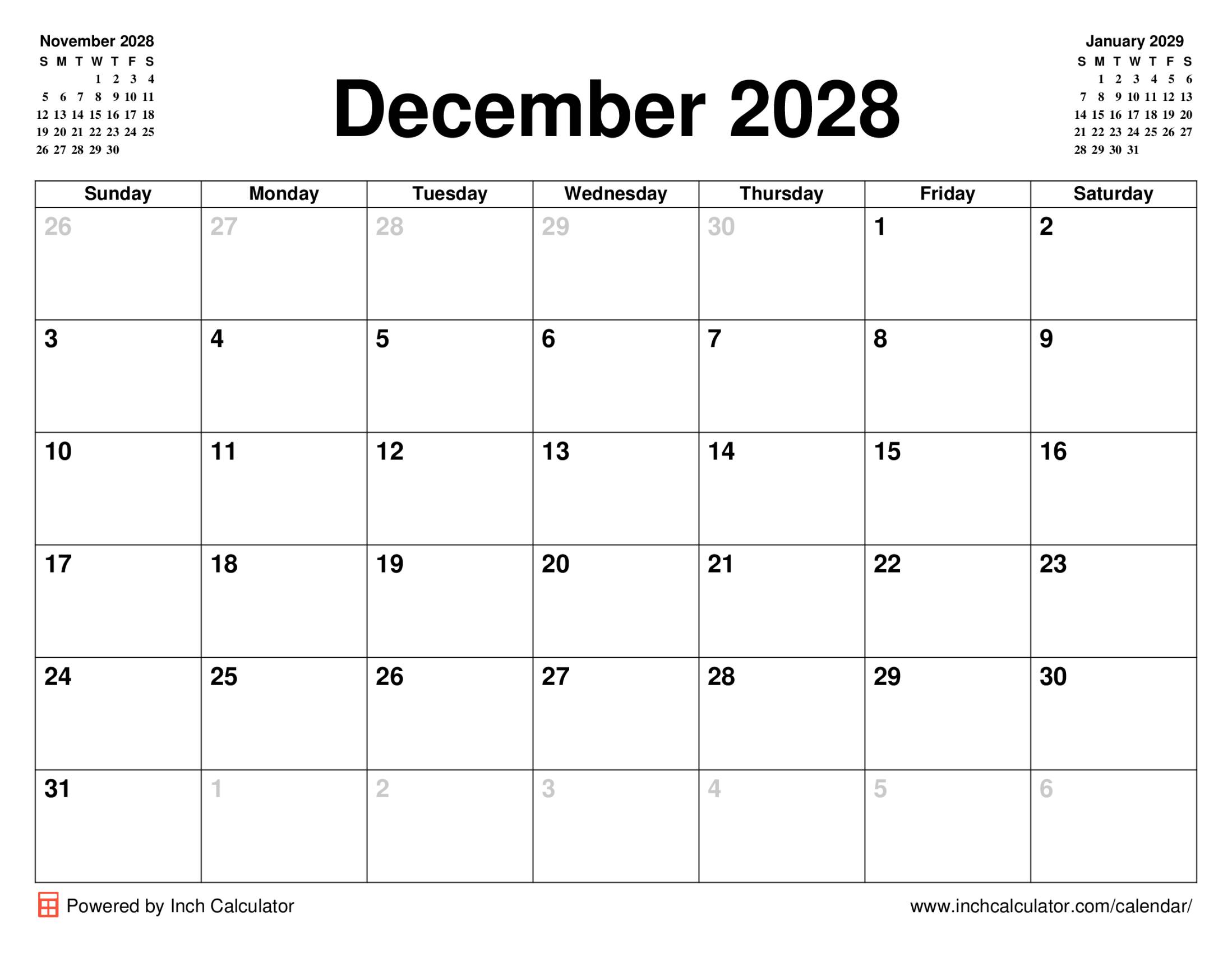 December 2028 calendar without holidays