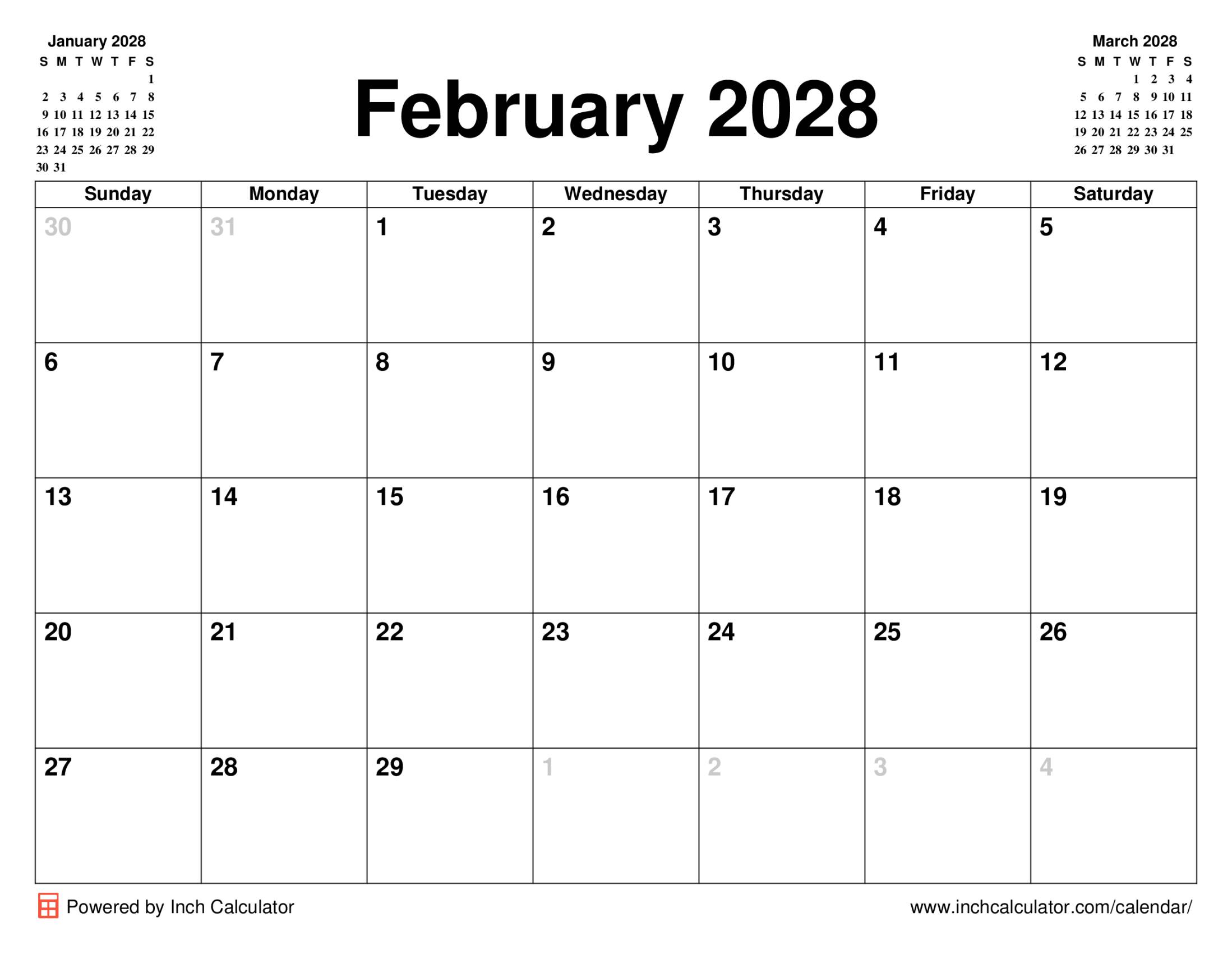 February 2028 calendar without holidays