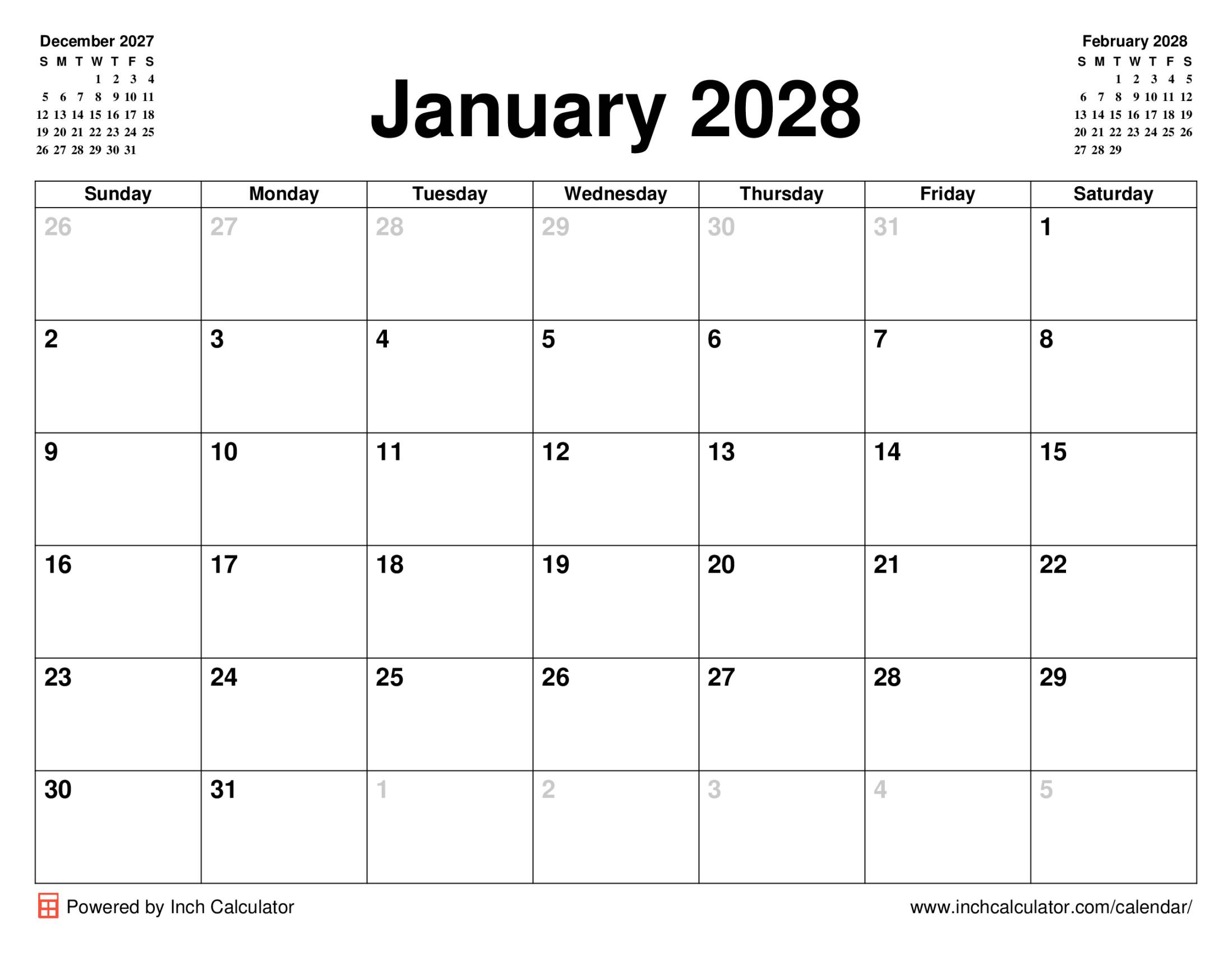 January 2028 calendar without holidays