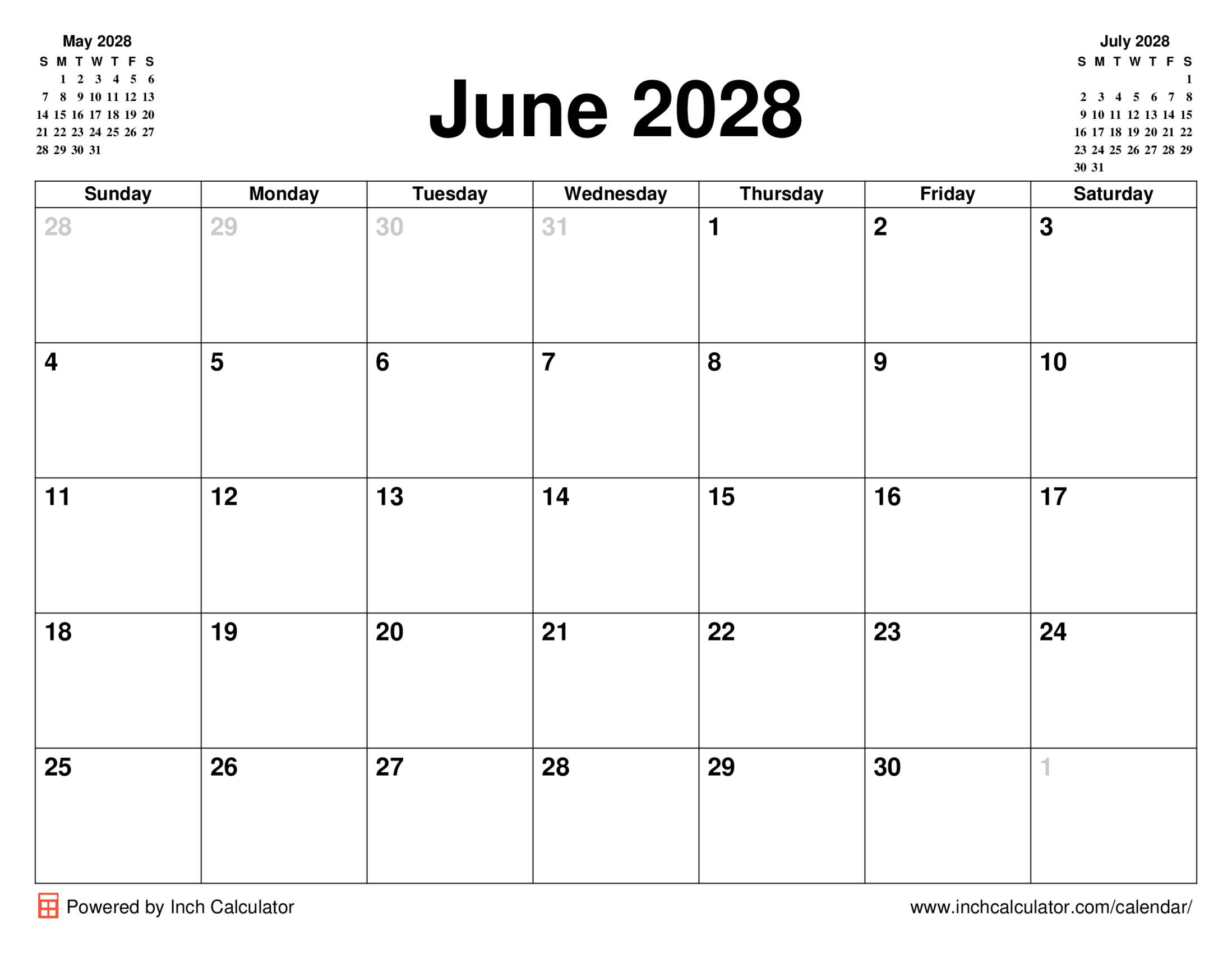 June 2028 calendar without holidays