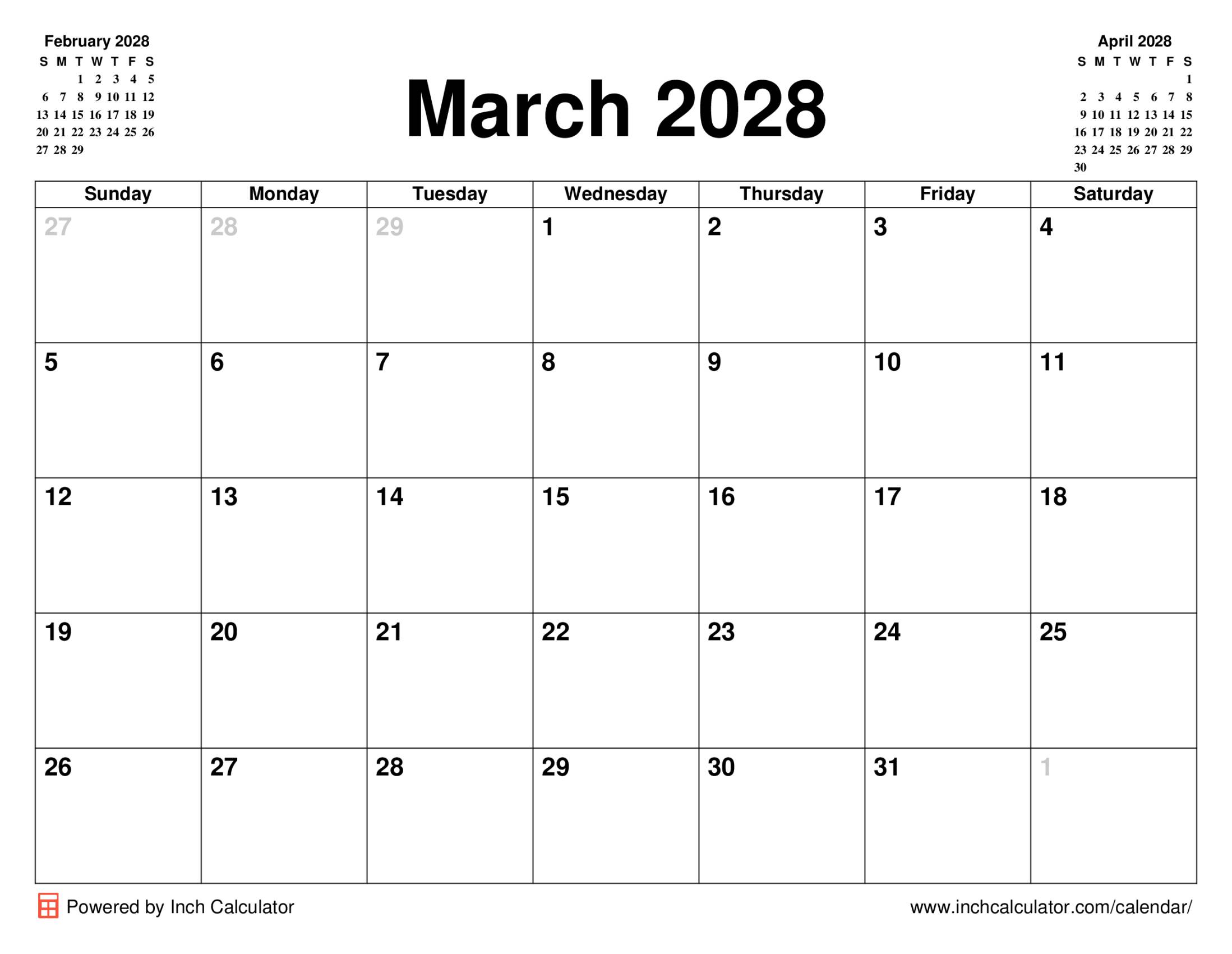 March 2028 calendar without holidays