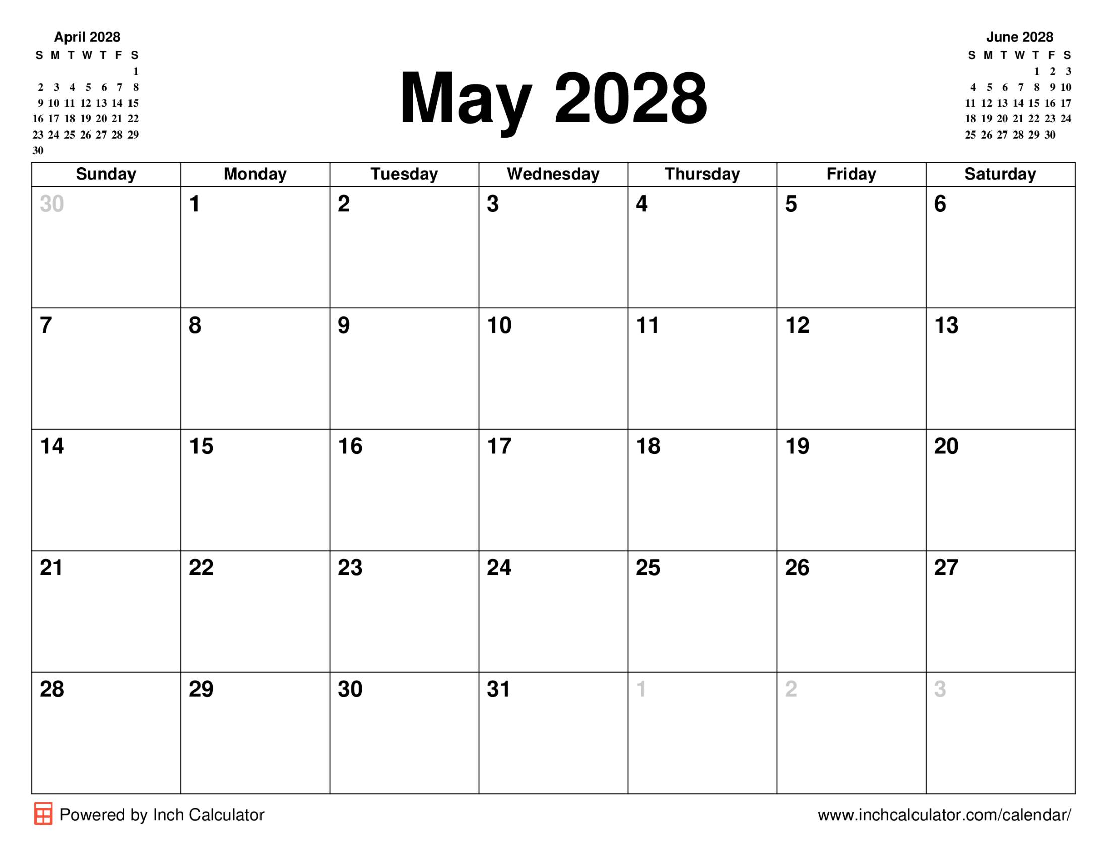 May 2028 calendar without holidays