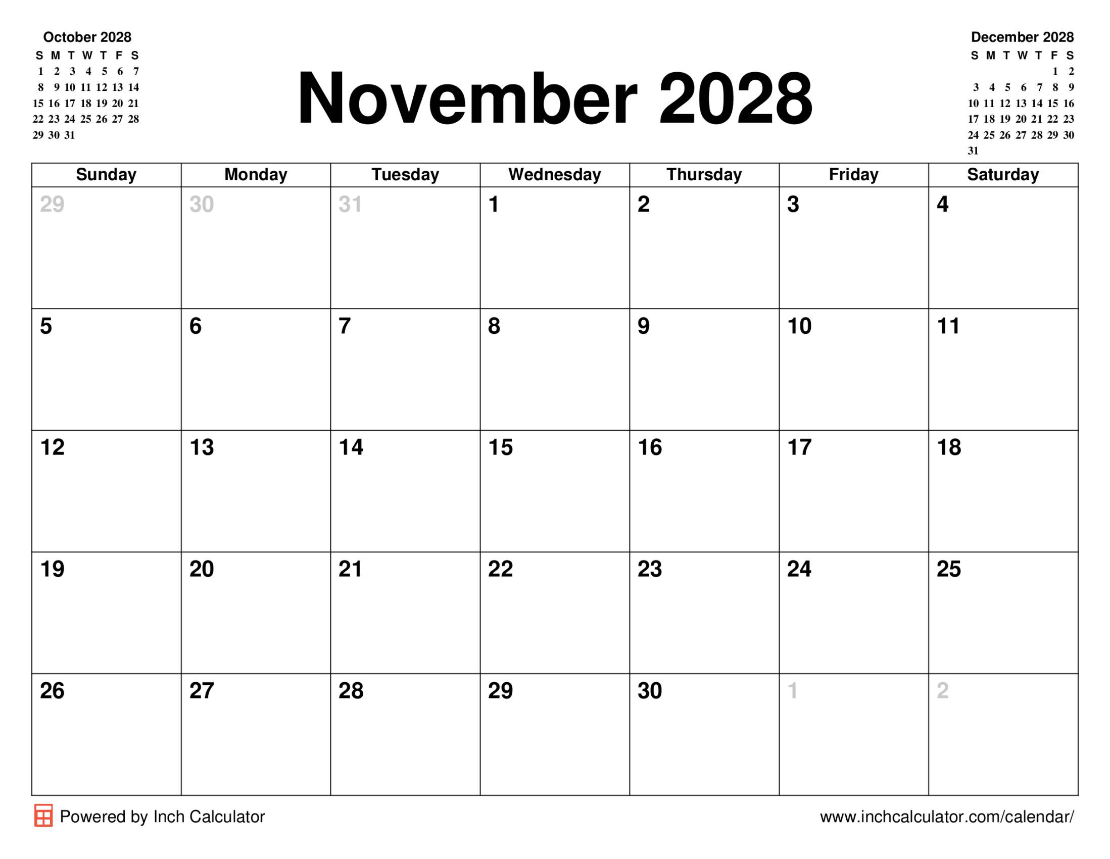 November 2028 calendar without holidays