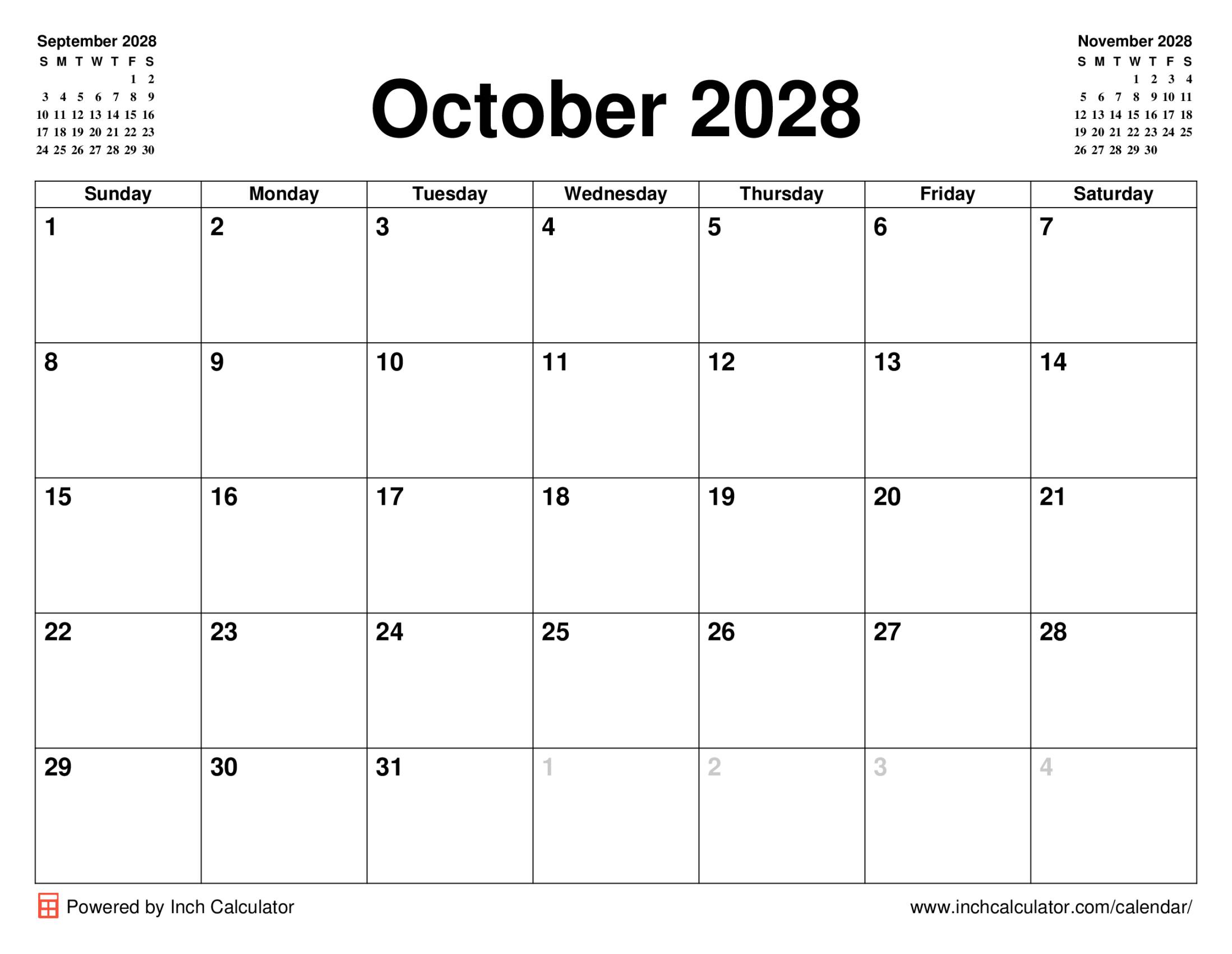 October 2028 calendar without holidays